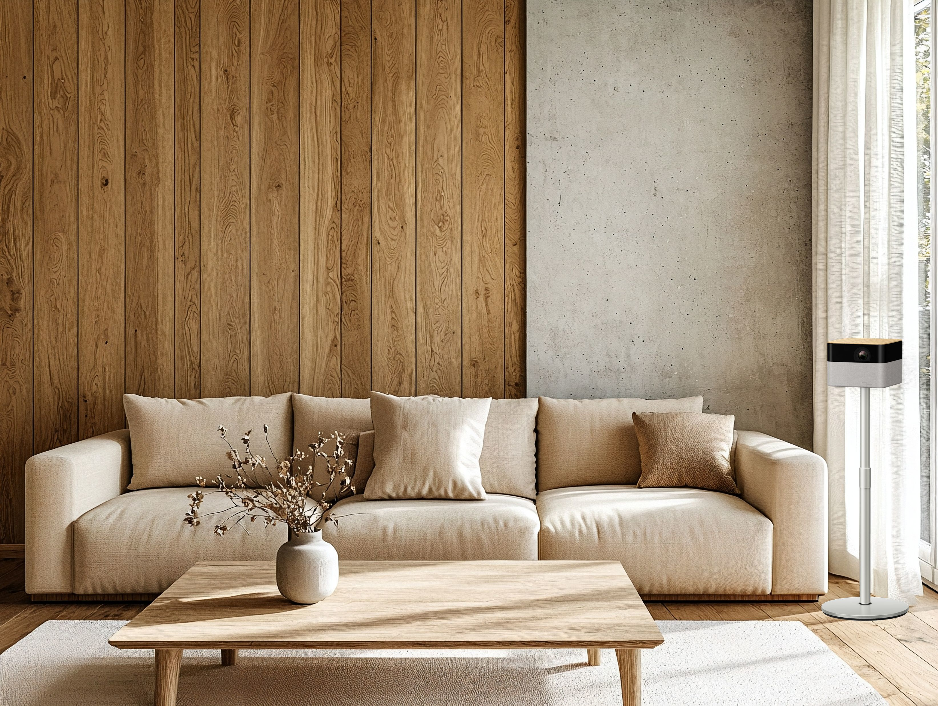 Wohnzimmer mit beigem Sofa, Holztisch und dekorativer Vase. Holzwand und Betonwand im Hintergrund.