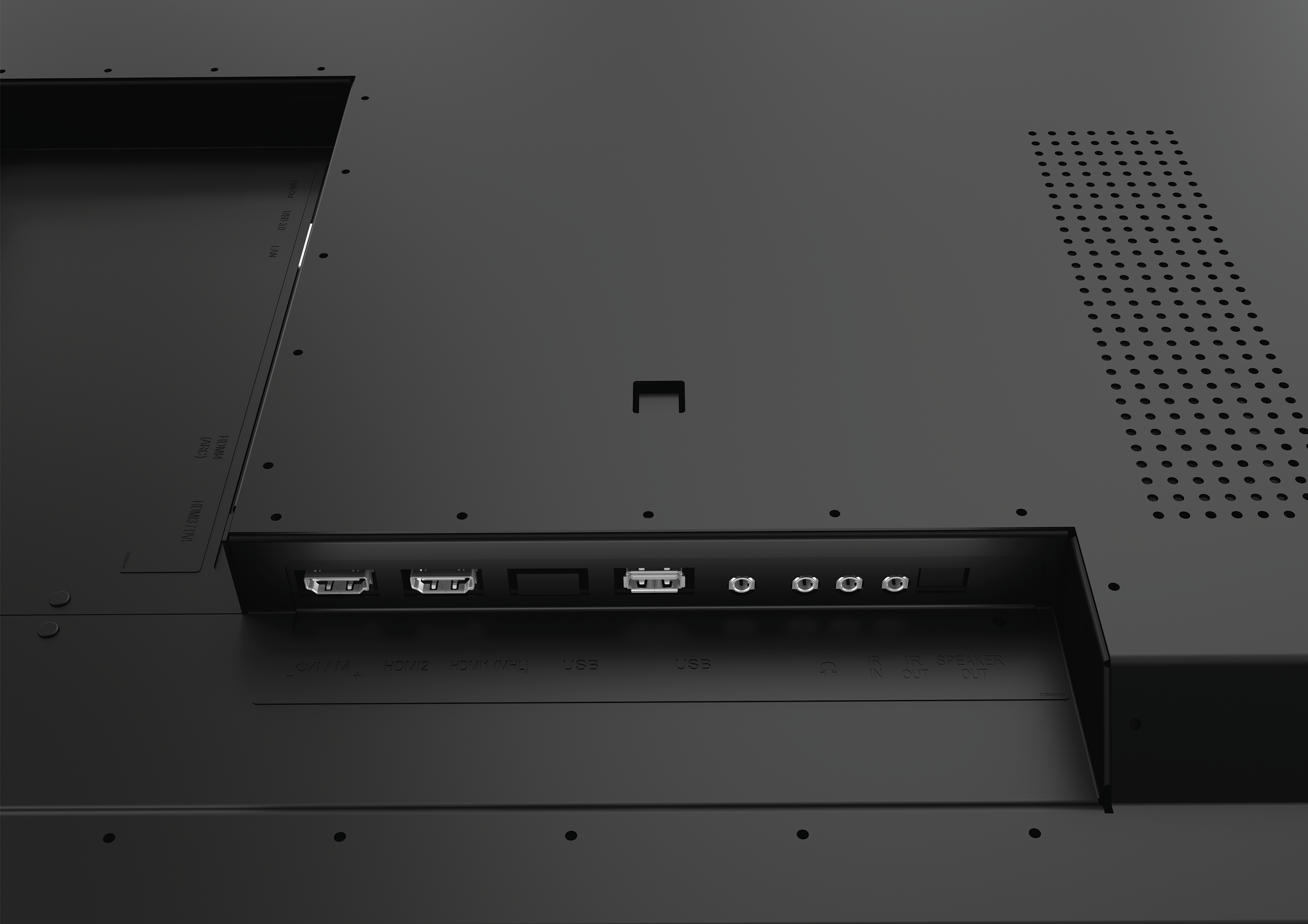 HDMI, USB ve IR OUT etiketli çeşitli bağlantı noktaları ve konektörleri olan siyah bir panelin yakın çekimi.
