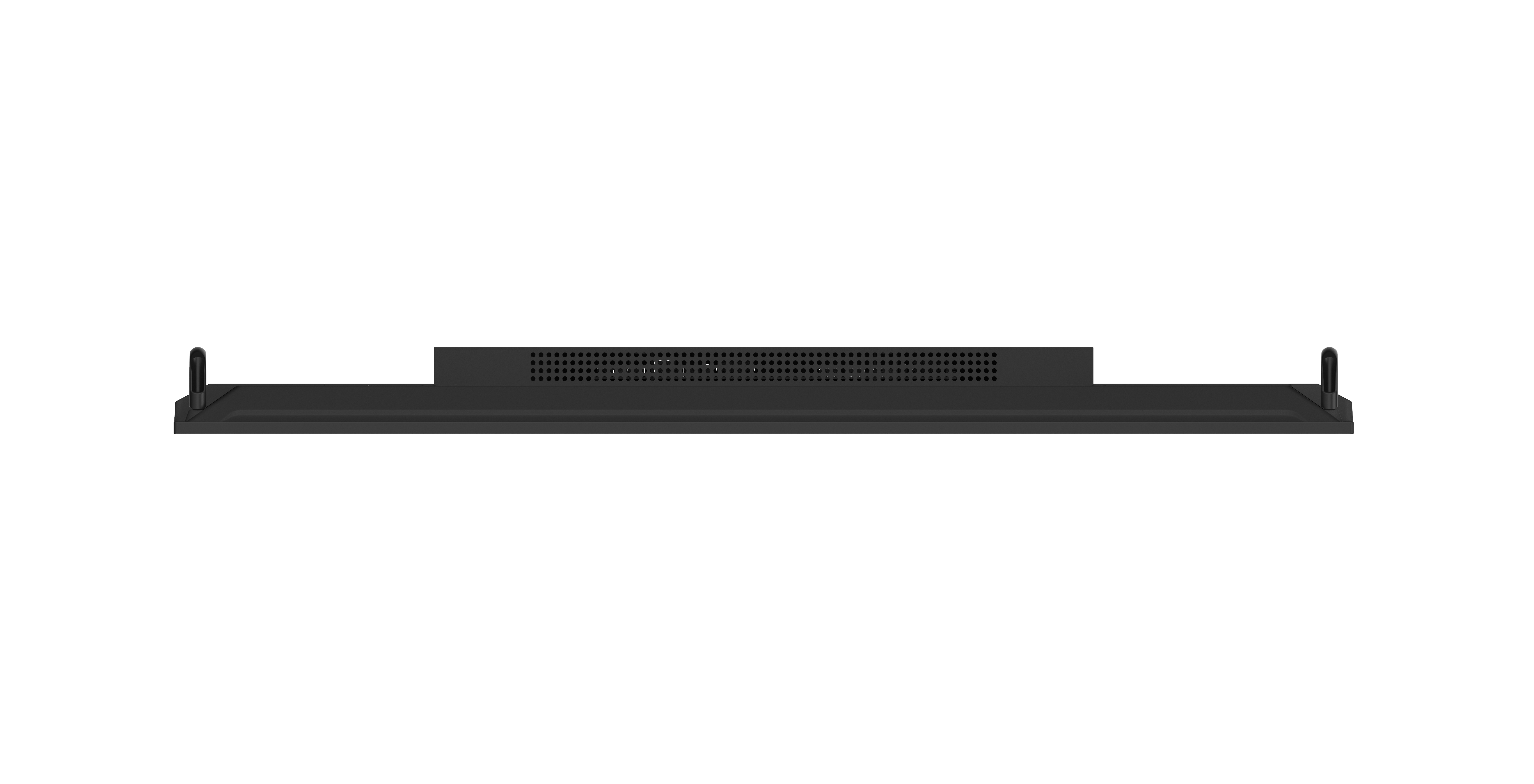 Siyah bir soundbar siyah bir arka plana ortalanmış. Izgarası ve iki küçük, siyah, silindirik desteği var.