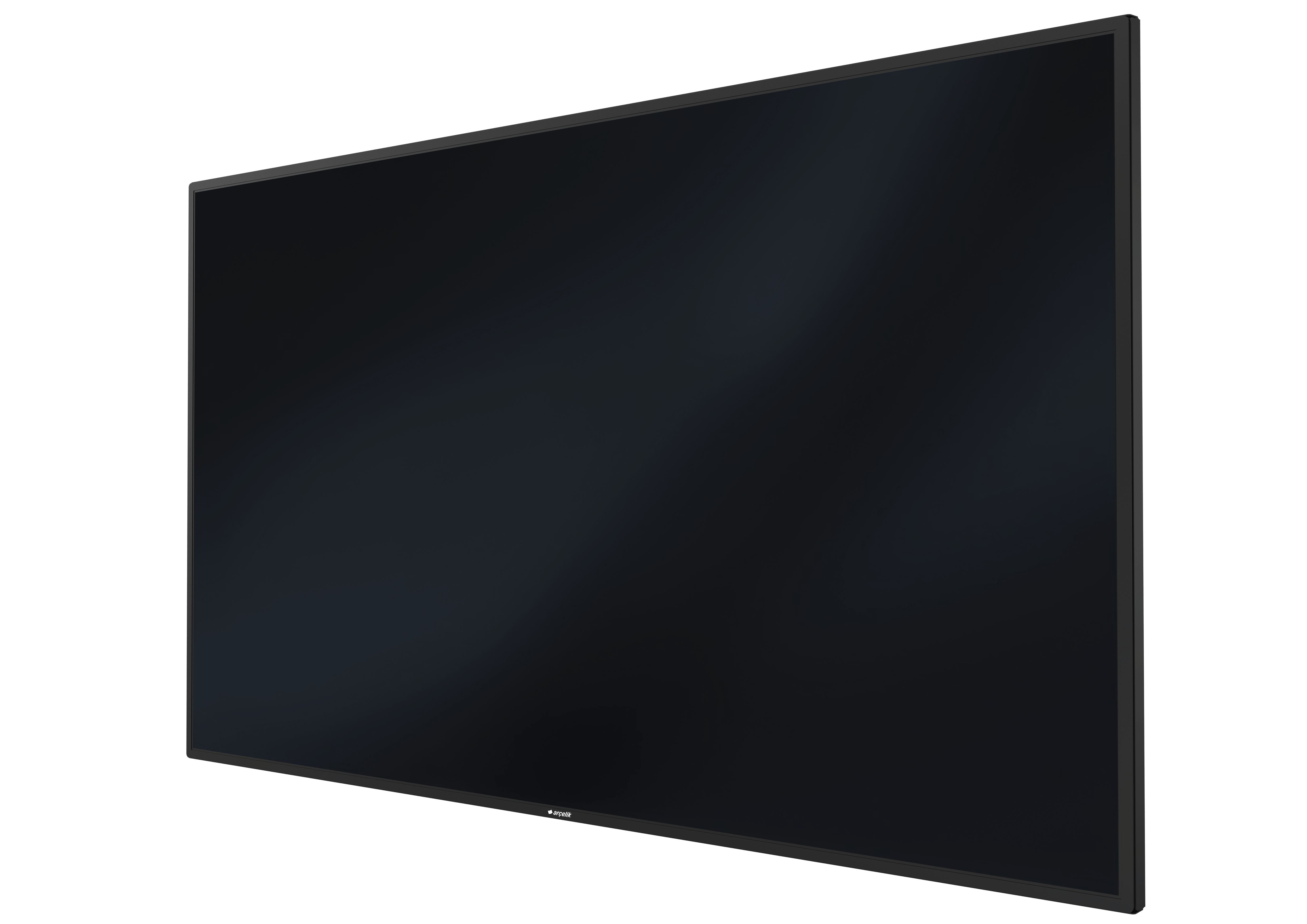 Büyük, siyah, dikdörtgen bir TV ekranı. Çerçeve koyu gri. Arka plan siyah.