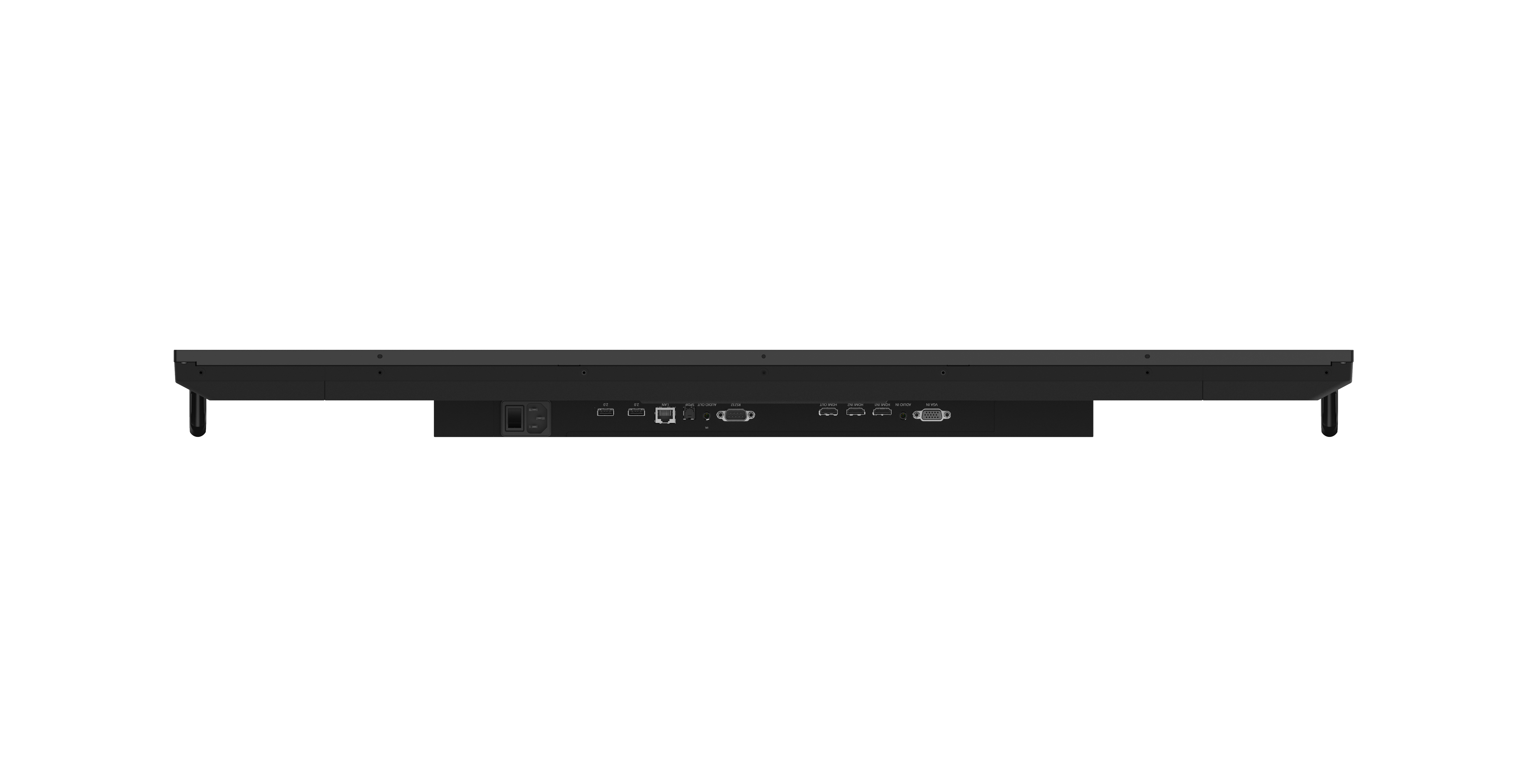 Arkada HDMI ve VGA bağlantı noktaları, güç girişi dahil olmak üzere çeşitli bağlantı noktaları ve bağlantıları olan siyah bir elektronik cihaz.