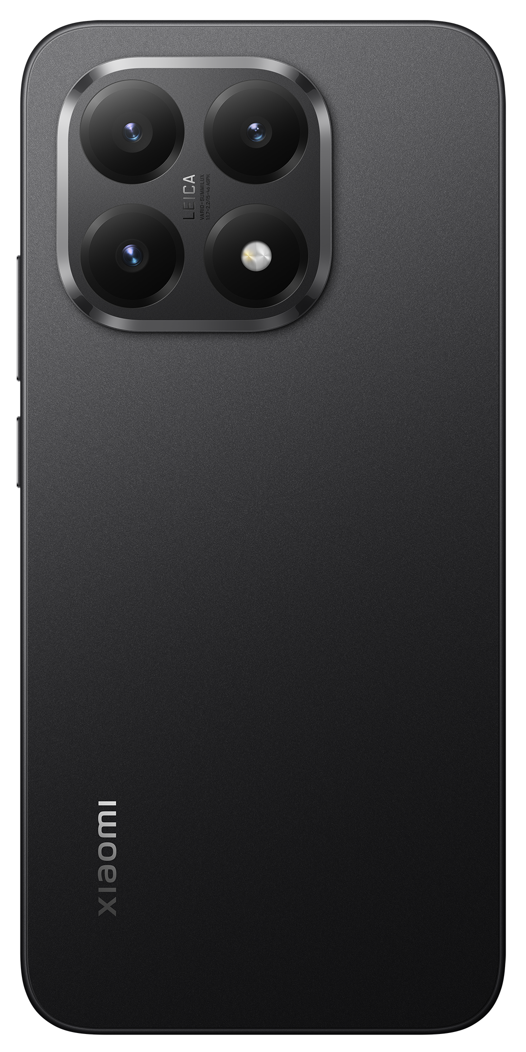 Egy fekete okostelefon Leica kamerarendszerrel. A telefon matt felületű, és látható a Xiaomi logója.