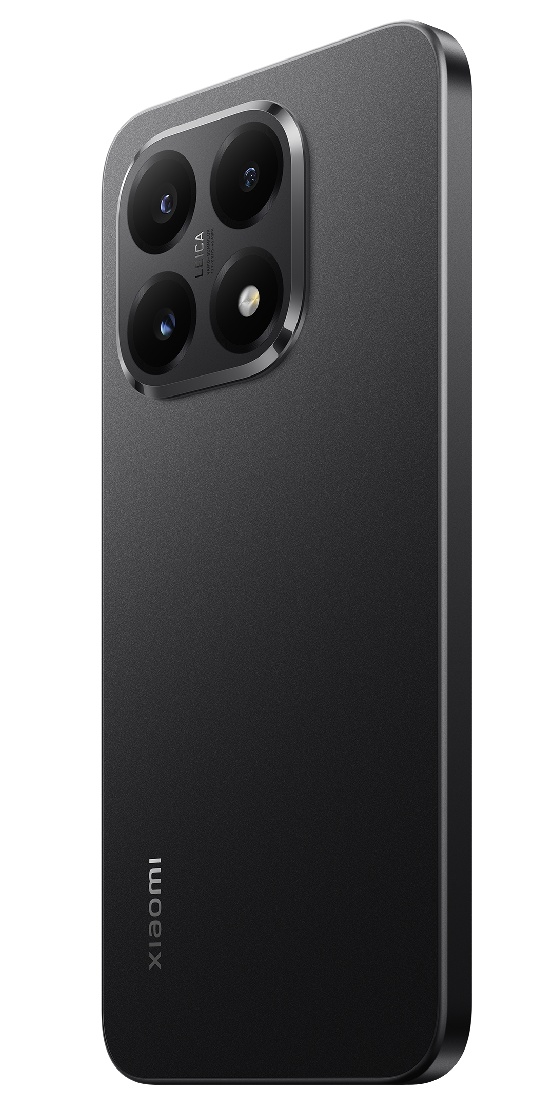 Egy fekete Xiaomi telefon Leica kamera rendszerrel. A telefon hátulja texturált, és látható a Leica logó.