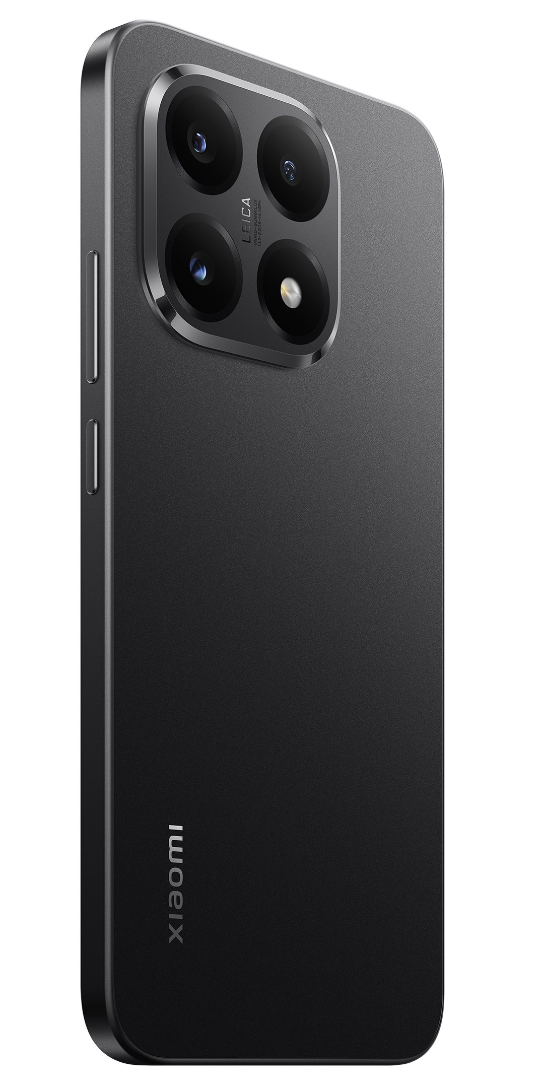 Fekete okostelefon hátlap, több kameralencsével. A lencséken a 'Leica' felirat látható. A 'Xiaomi' felirat függőlegesen van nyomtatva.