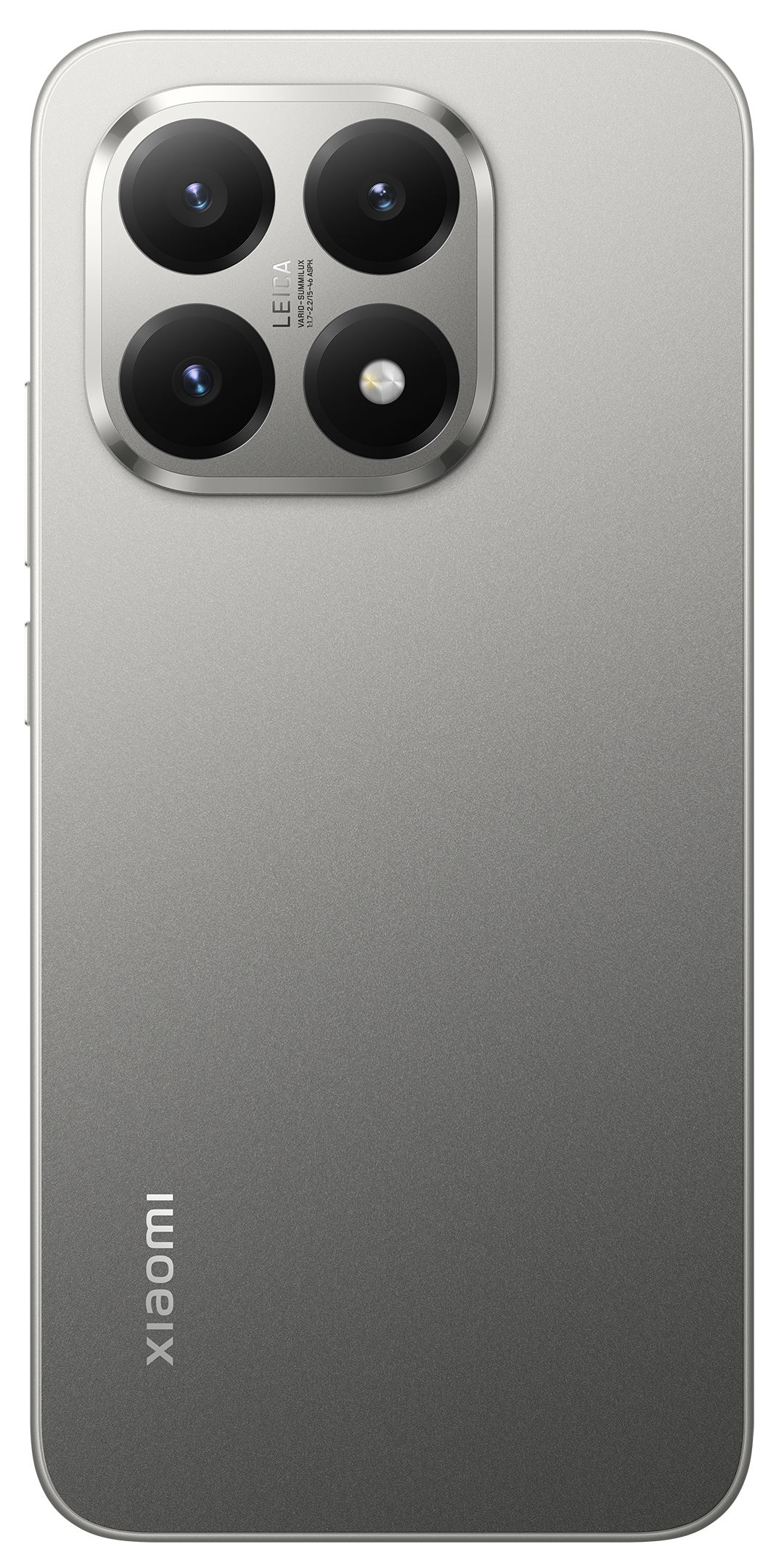Egy ezüst okostelefon Leica kameramodullal. A modul négy lencsével rendelkezik. A Xiaomi logója alul található.