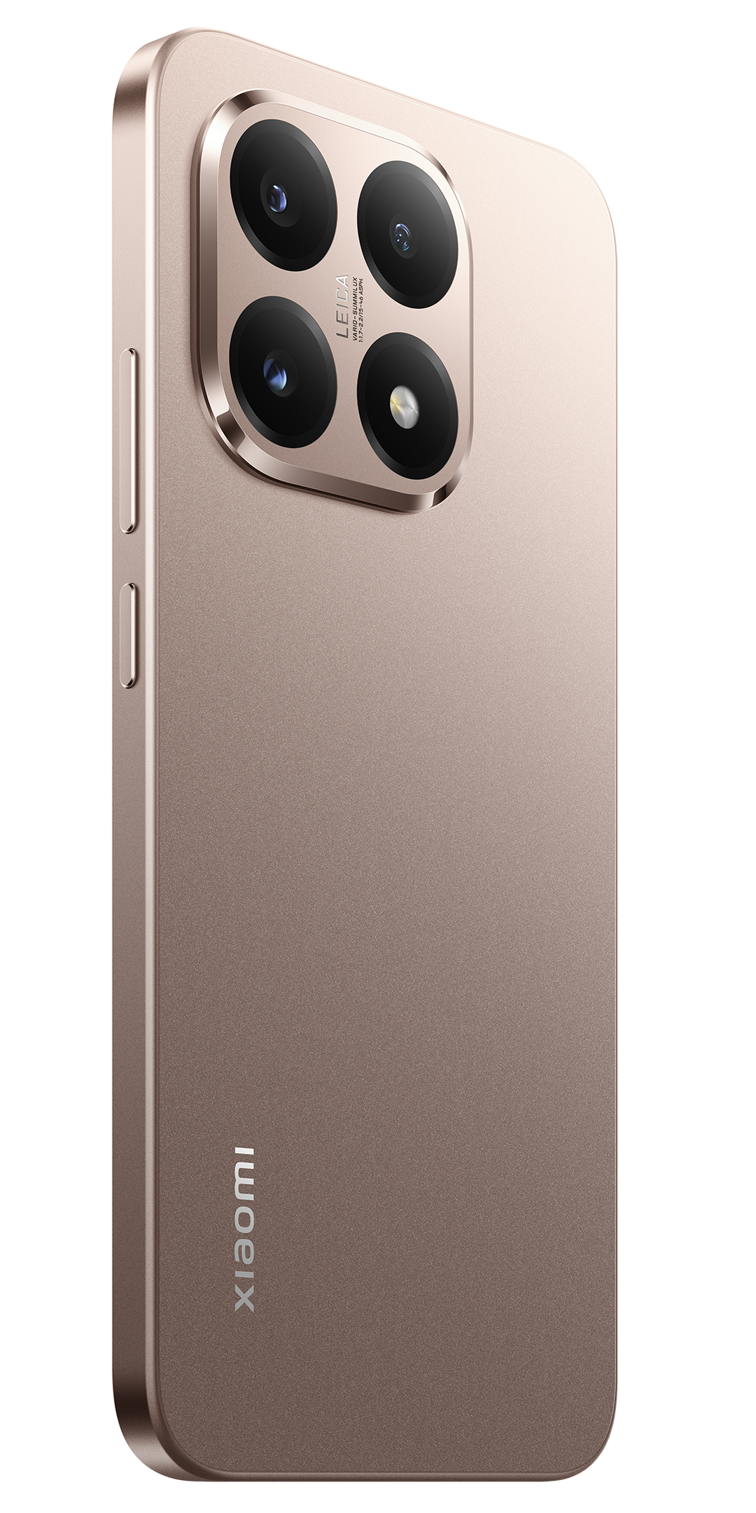 Egy barna okostelefon hátuljának közeli képe. Négy kamerája van, Leica logó és Xiaomi márka.