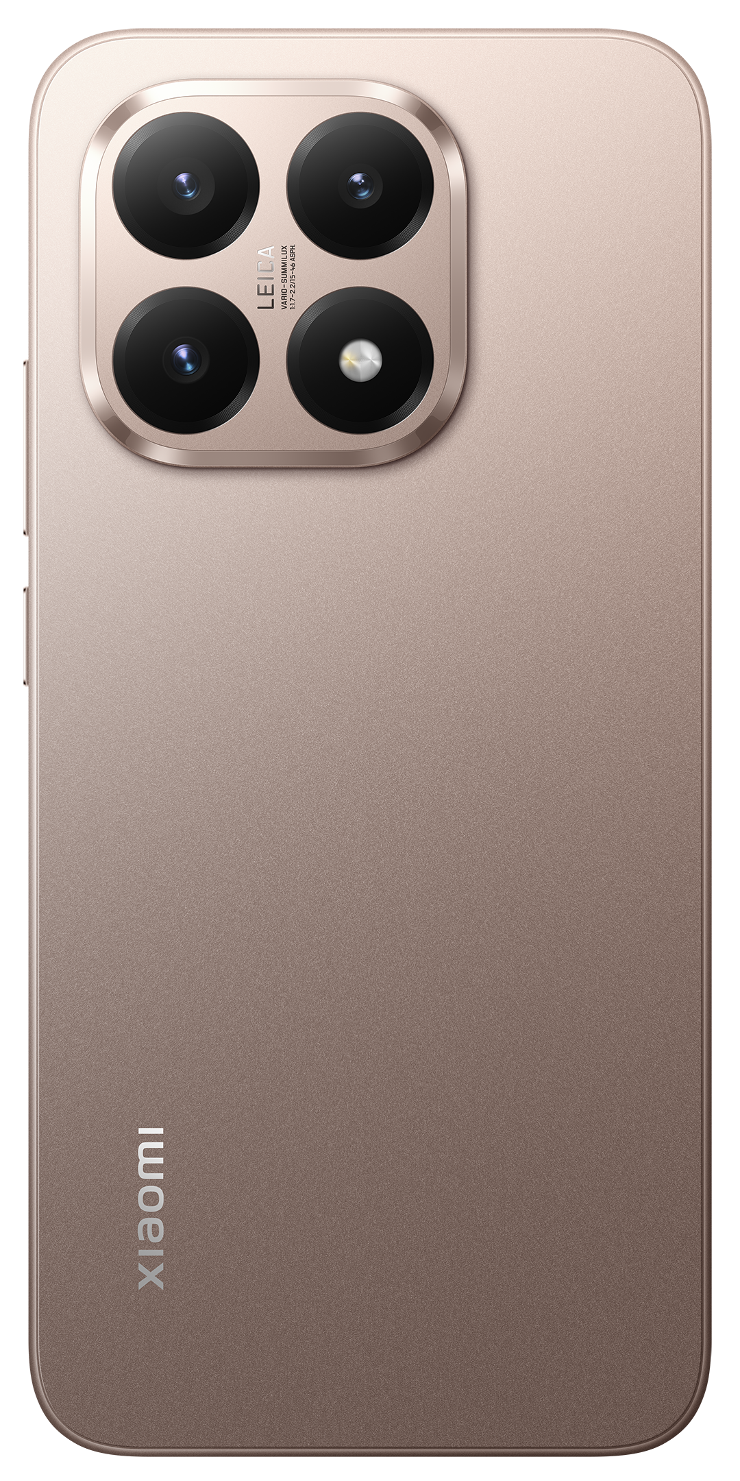 Arany színű okostelefon hátlapja, négy kamerával és Leica logóval. A Xiaomi felirat függőlegesen.