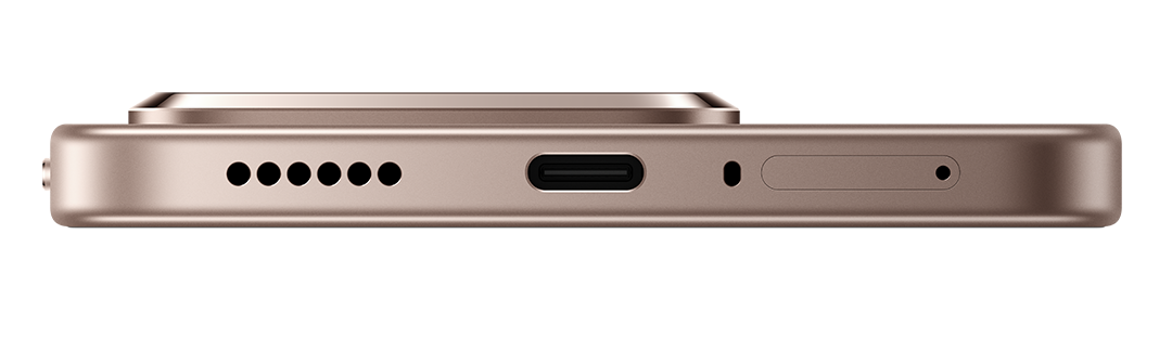 Egy arany telefon oldalsó nézete. Láthatók a hangszóró lyukai, egy USB-C port, egy mikrofon és egy SIM-kártya nyílás. Fehér háttér.