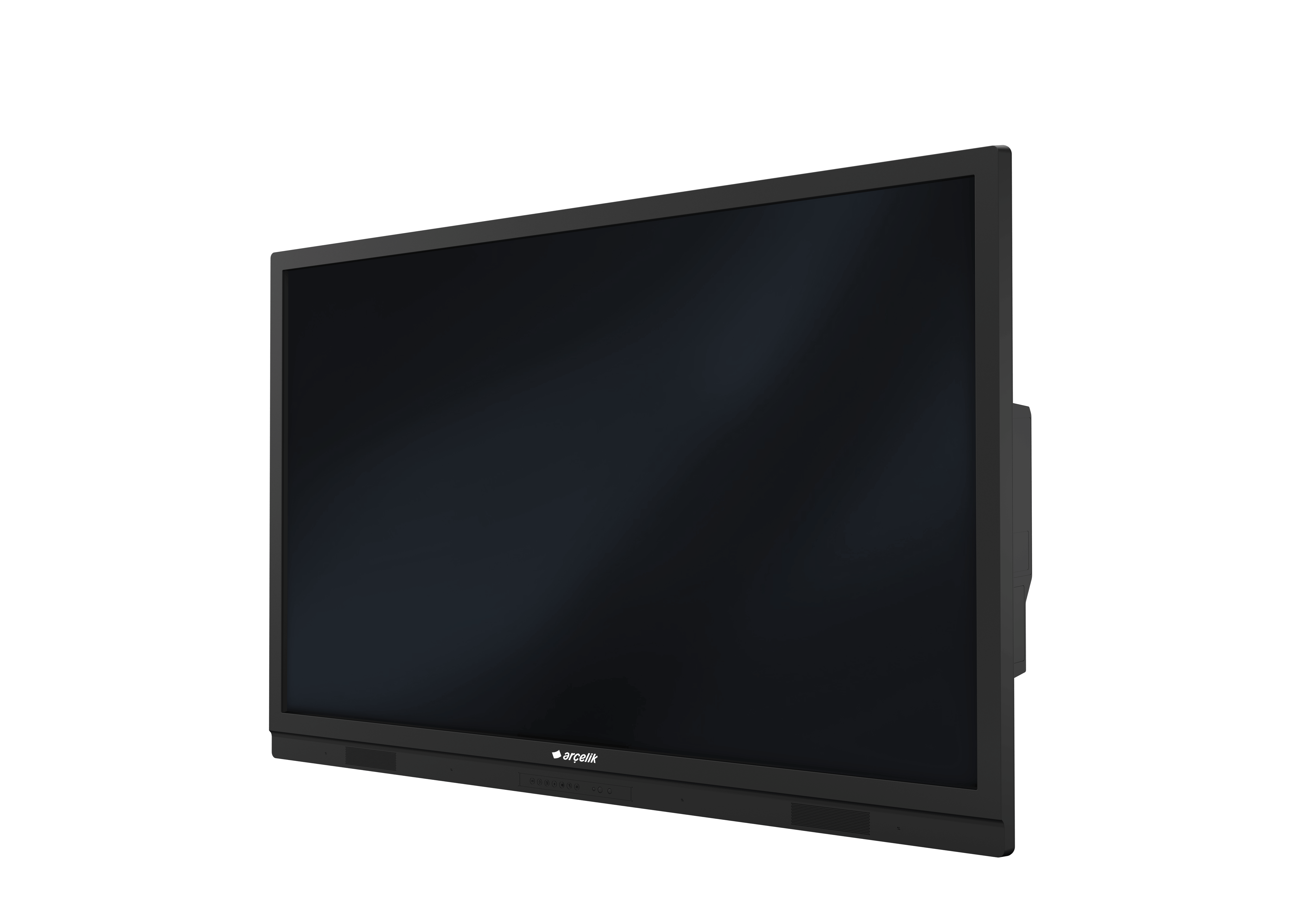 Siyah, dikdörtgen bir Arçelik Smart TV, siyah bir arka plan üzerinde izole edilmiştir. Ekran karanlık.