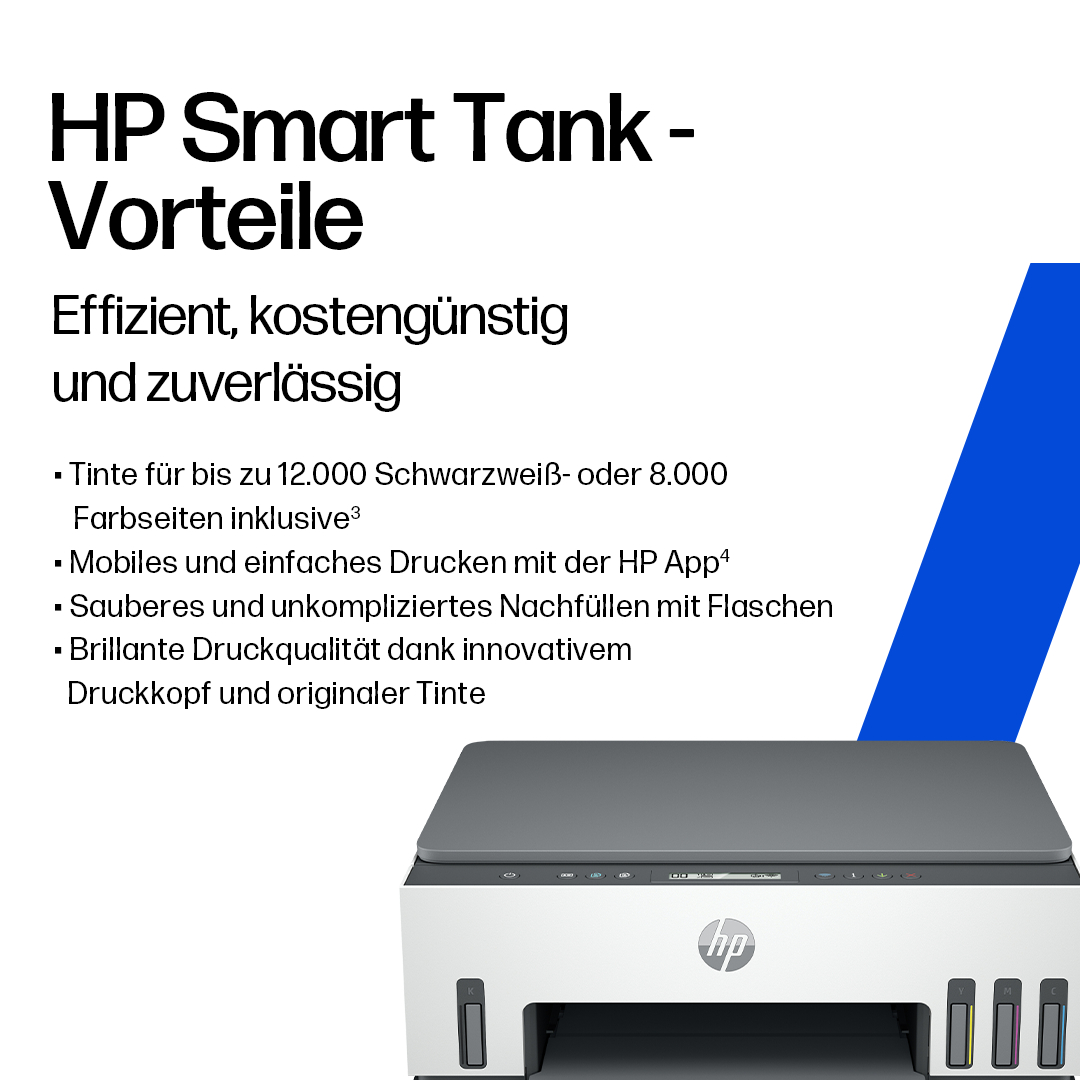 Ein HP Smart Tank Drucker wird mit Text über seine Vorteile angezeigt. Er hat eine graue Oberseite, einen weißen Körper und farbige Tintenanzeigen.