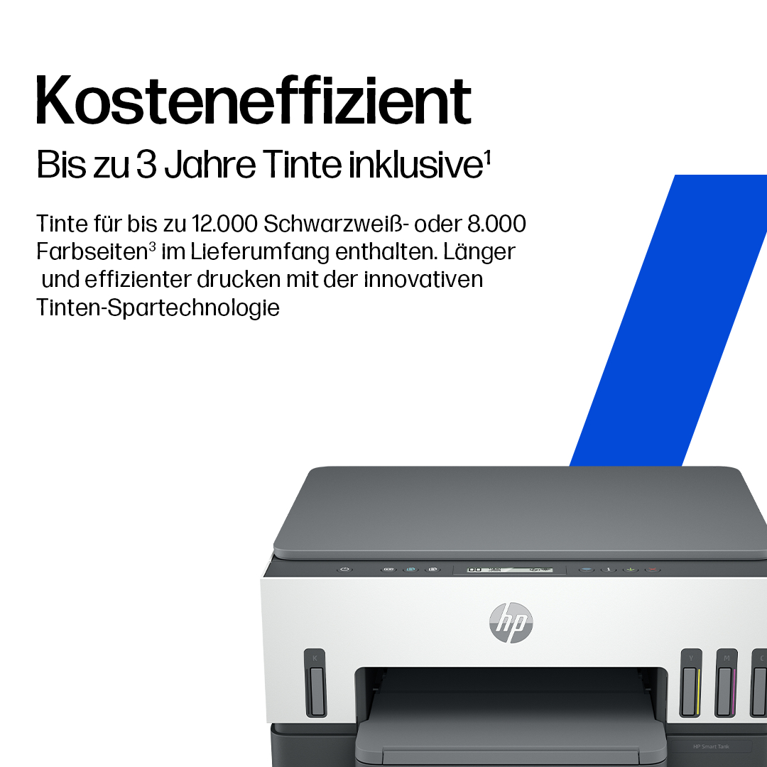 Ein HP Smart Tank-Drucker wird gezeigt. Text erwähnt 'kostengünstig' und 'bis zu 3 Jahre Tinte inklusive'. Ein blauer Streifen ist sichtbar.