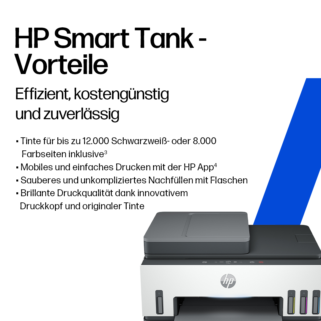 Ein HP Smart Tank Drucker. Text: effizient, kostengünstig, zuverlässig. Merkmale aufgelistet. Blaue und schwarze Designelemente.