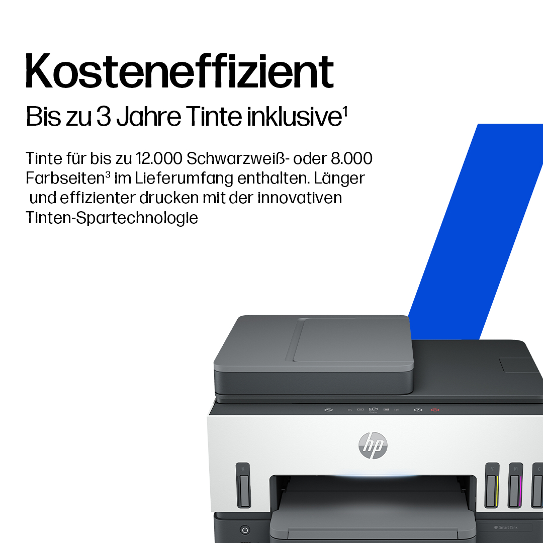 Ein HP Smart Tank-Drucker mit weißem und grauem Gehäuse. Oben steht 'Kosteneffizient'. Rechts ein blauer diagonaler Streifen.