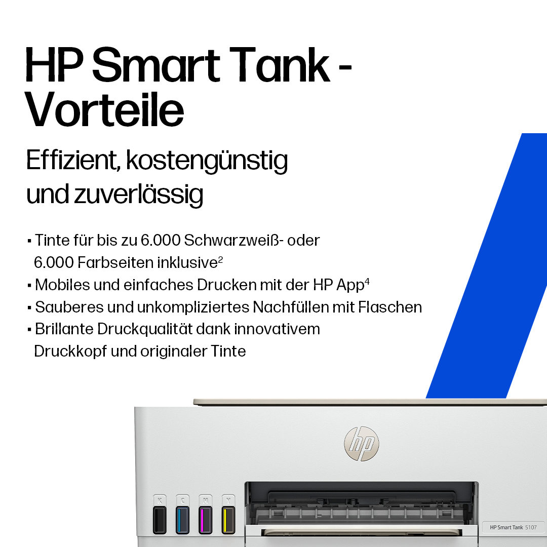 Ein HP Smart Tank Drucker mit Tintenanzeigen. Text lautet 'HP Smart Tank - Vorteile'. Eine blaue Form rechts.