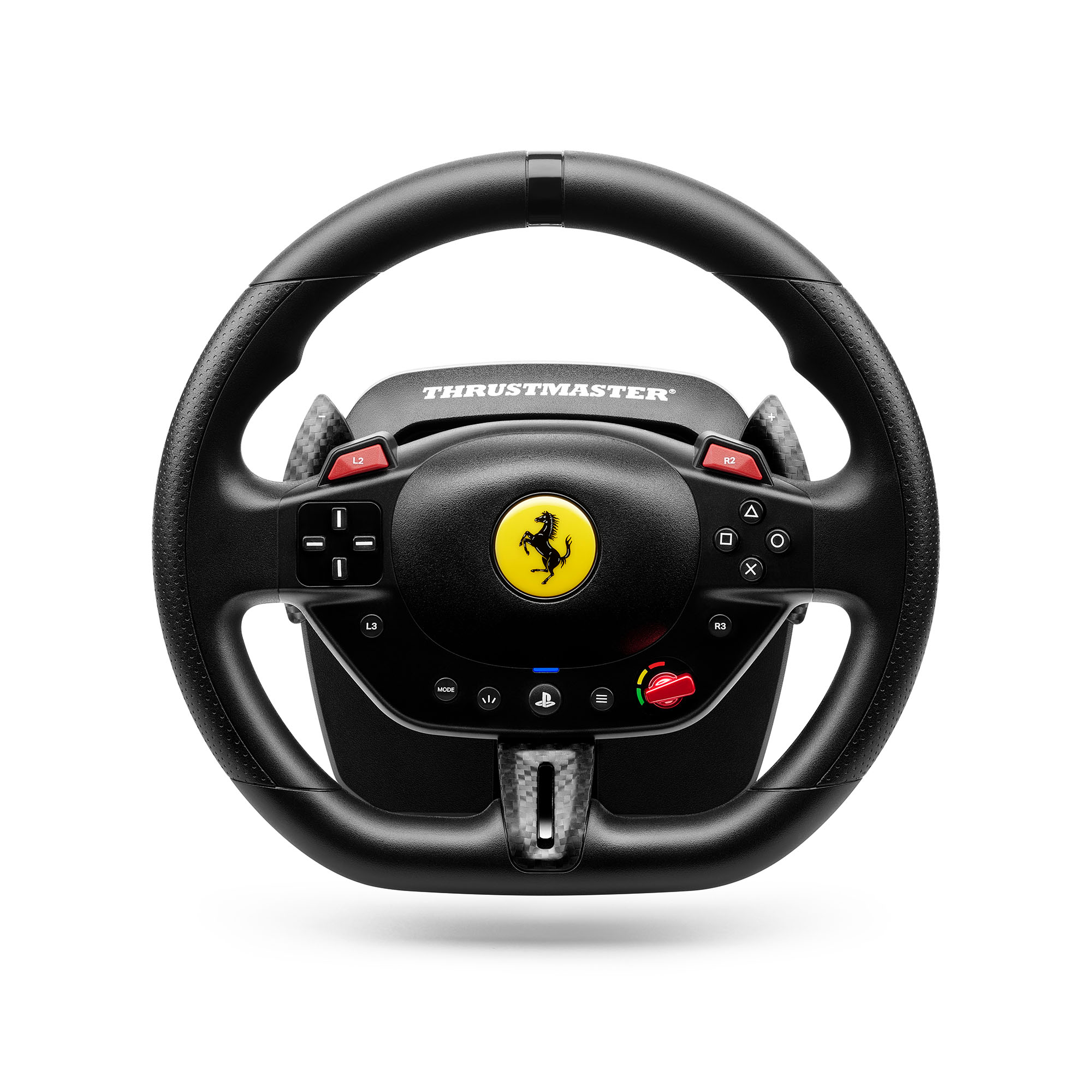 Schwarzes Thrustmaster Ferrari-Lenkrad. Merkmale sind Knöpfe, ein rotes Zifferblatt und ein gelbes Ferrari-Logo.