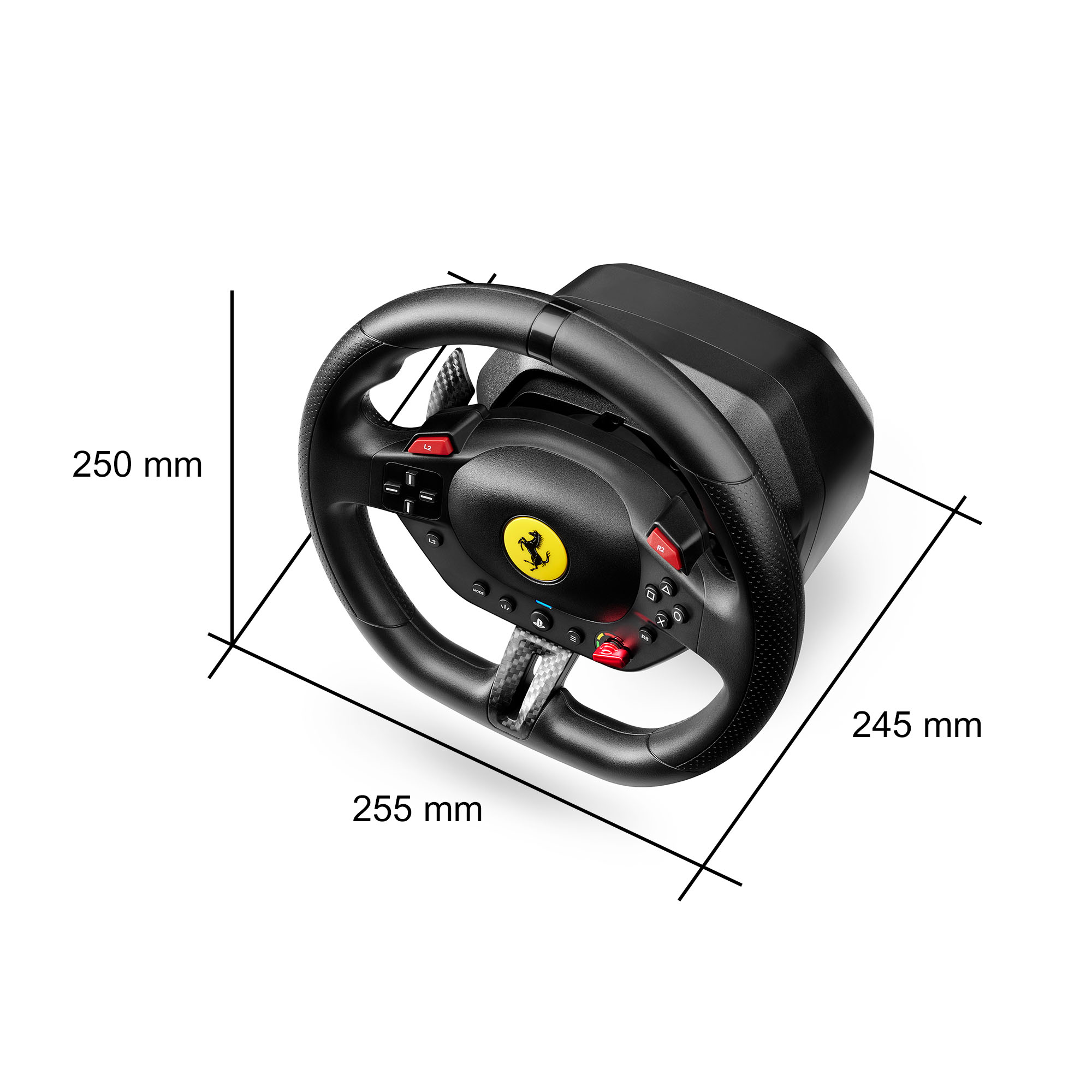 Ein schwarzes Ferrari-Rennlenkrad mit Knöpfen und einem gelben Ferrari-Logo, Abmessungen werden angezeigt.
