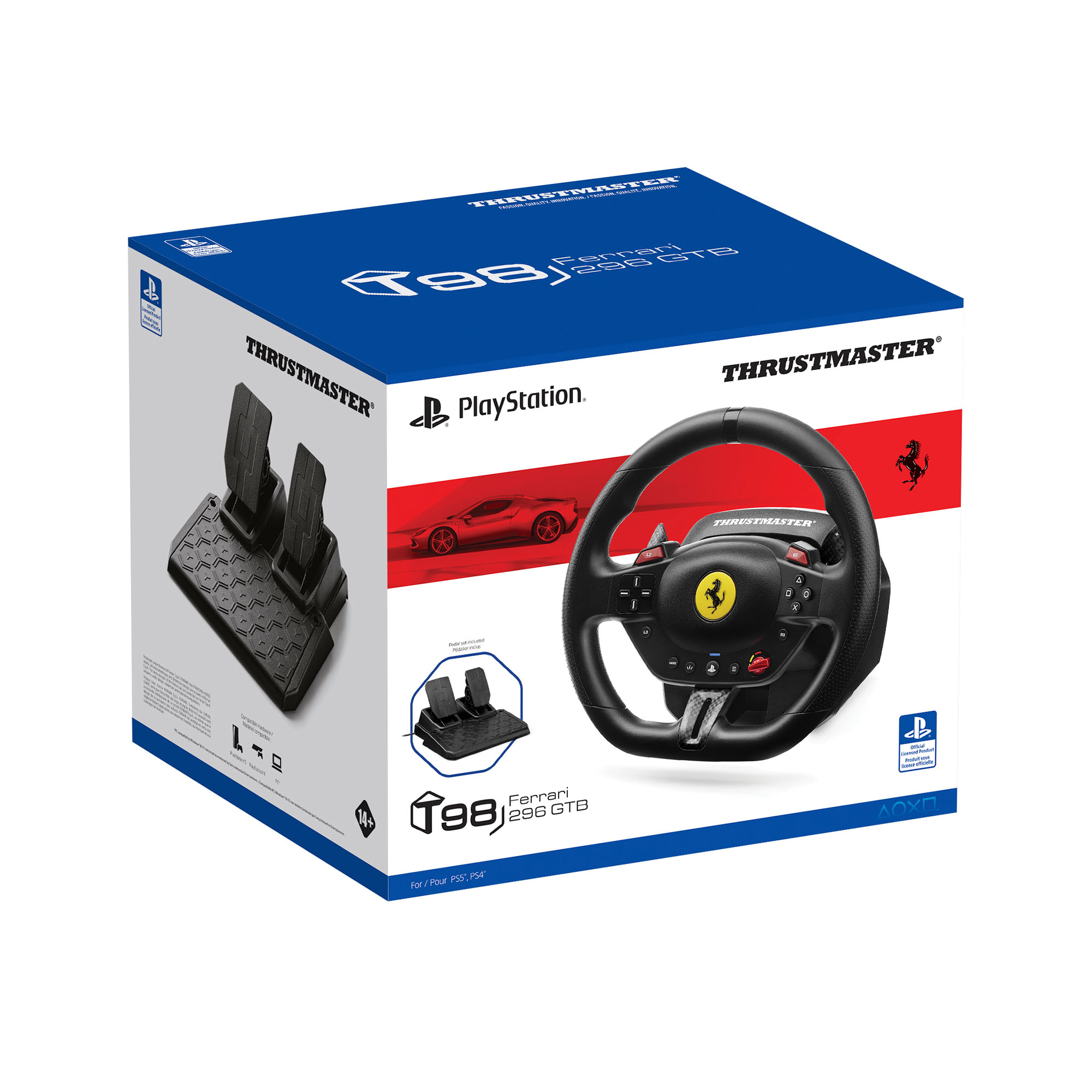Verpacktes Thrustmaster T38 Ferrari 296 GTB-Rennlenkrad mit Pedalen und PlayStation-Logo auf weißem Untergrund.