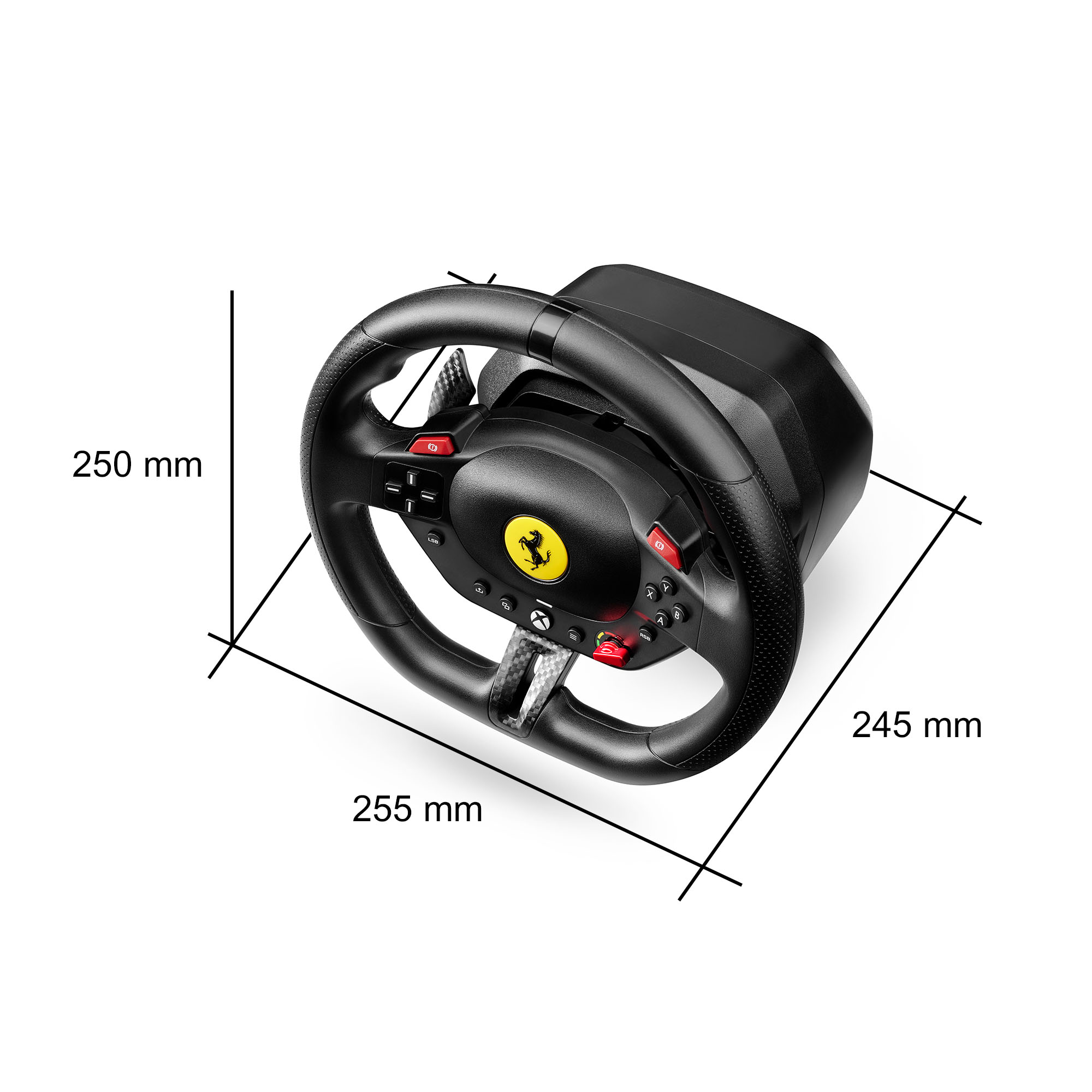 Ein schwarzes Ferrari-Rennlenkrad mit roten Knöpfen und gelbem Logo. Abmessungen: 250 mm, 255 mm und 245 mm.
