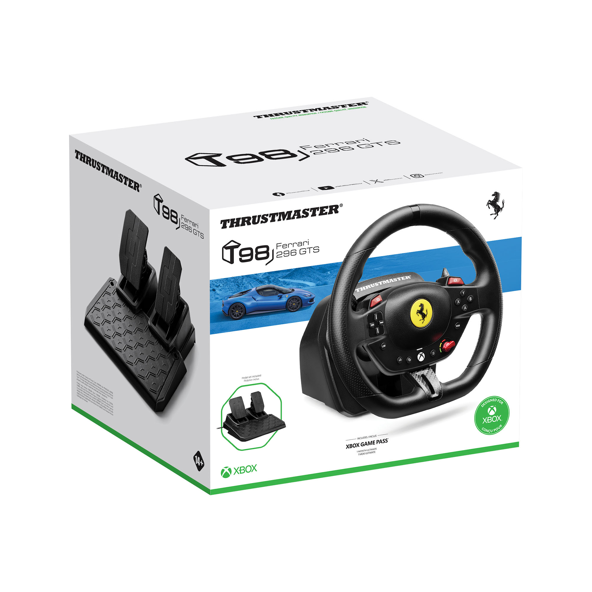 Ein Thrustmaster Ferrari 296 GTS-Rennradsatz mit Pedalen und Game Pass in einer weißen Box, die für Xbox entwickelt wurde.