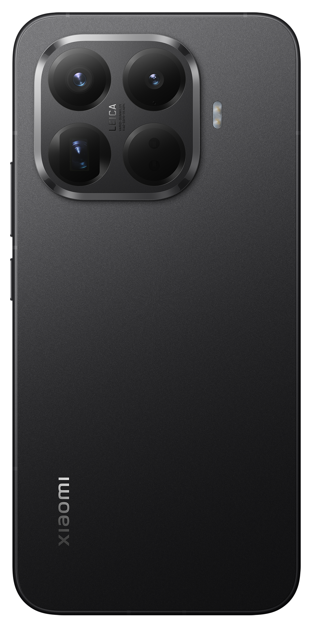 Fekete okostelefon hátlapja négy kameralencsével, vakuval és a Xiaomi logóval. A lencsék Leica felirattal.