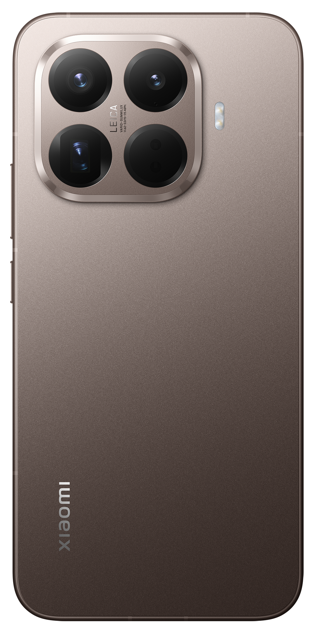 Okostelefon hátlapja négy kamerával, vakuval és a Xiaomi logójával. A telefon barna, és Leica logóval rendelkezik.