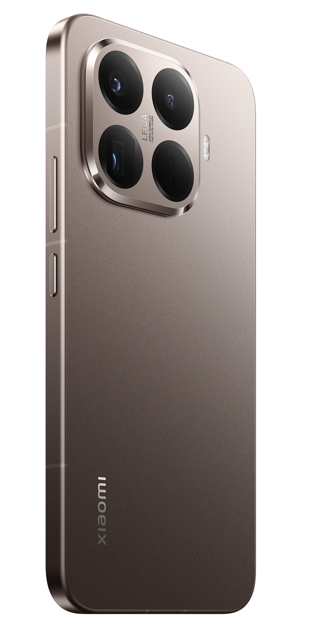 Bronz színű okostelefon, négy lencsés kamerával. Látható a Xiaomi logó. A Leica márka is látható.