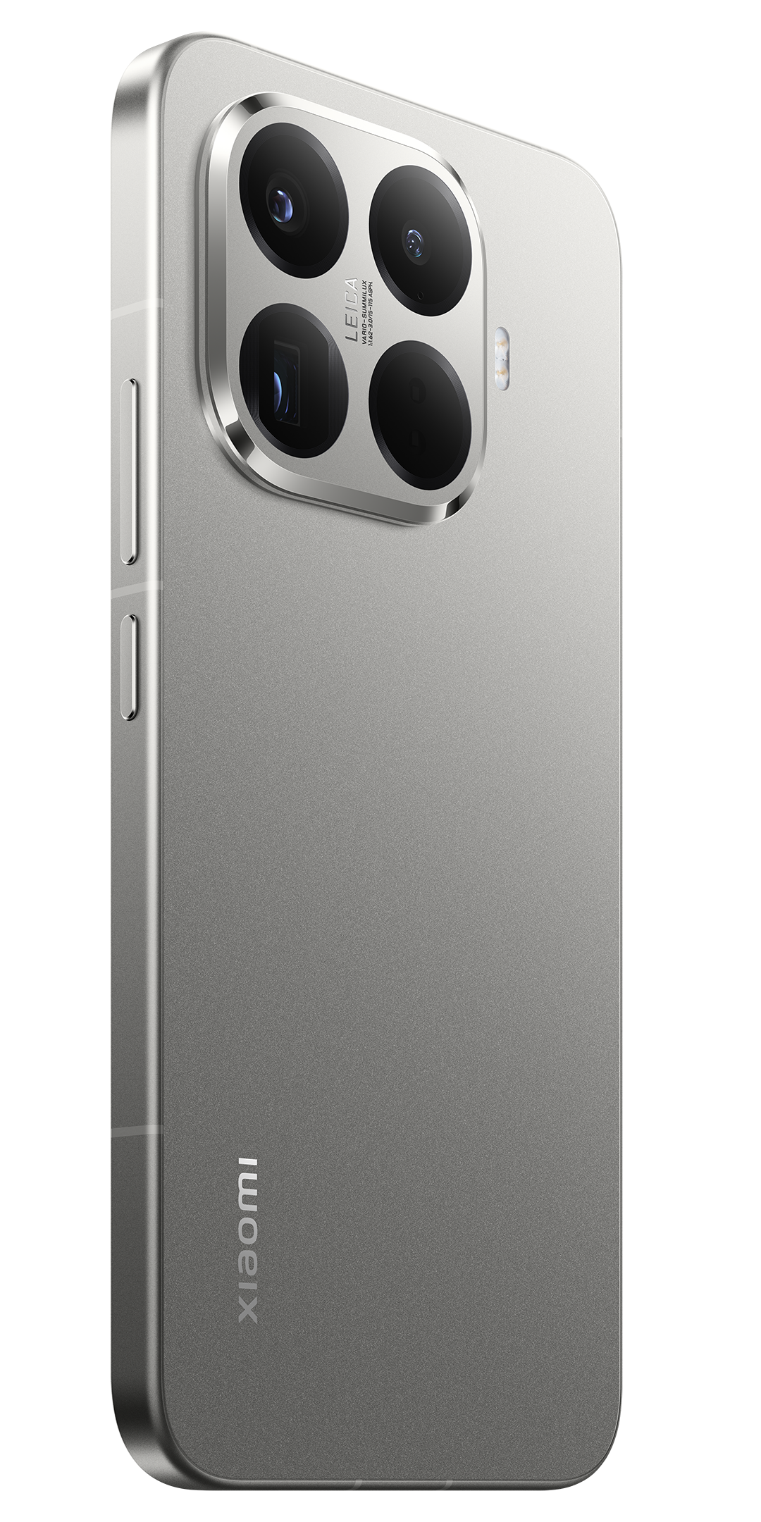 Ezüst okostelefon négy kamerával és Leica logóval. A Xiaomi logója a hátoldalon található.