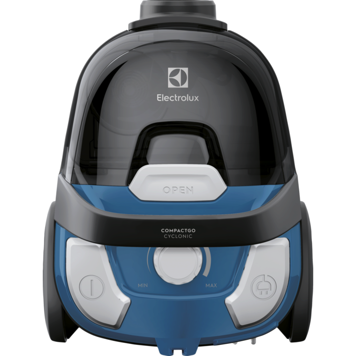 Egy kék-fekete Electrolux CompactGo Cyclonic porszívó. Átlátszó teteje, szabályozó tárcsái és a 'OPEN' gombja van.