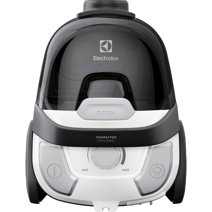 Egy fehér és fekete Electrolux Compactgo Cyclonic porszívó. Átlátszó teteje, gombokkal ellátott vezérlőpanelje és fogantyúja van.