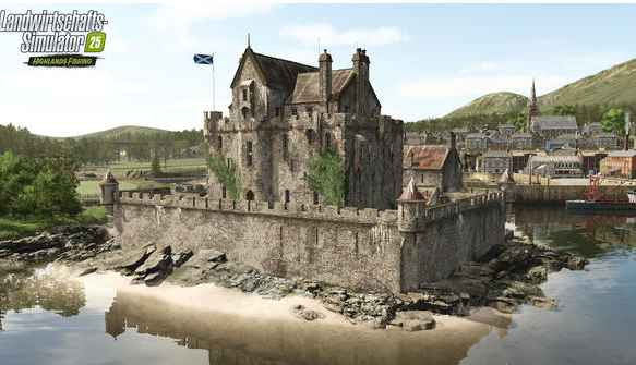 Eine Burg aus Stein mit schottischer Flagge auf einer Insel, umgeben von Wasser, mit einer Stadt im Hintergrund. Die Szene ist ein sonniger Tag.