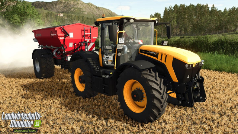 Ein gelb-schwarzer Traktor mit einem roten Streuer steht auf einem Feld. Im Hintergrund sind Hügel und Bäume zu sehen.