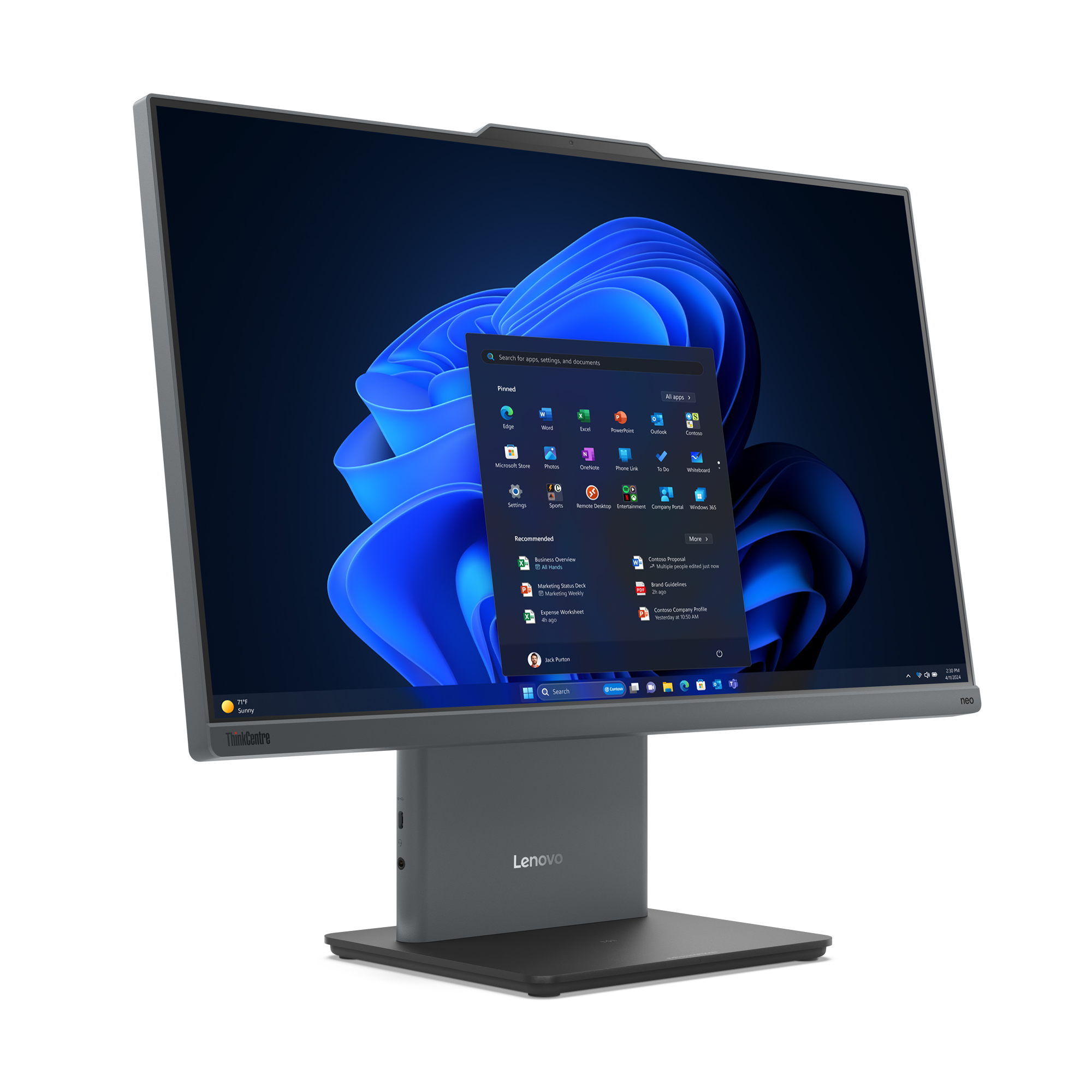 Monitor Lenovo pokazuje interfejs Windows 11. Ikony obejmują aplikacje i pasek wyszukiwania. Tło jest niebiesko-czarne.