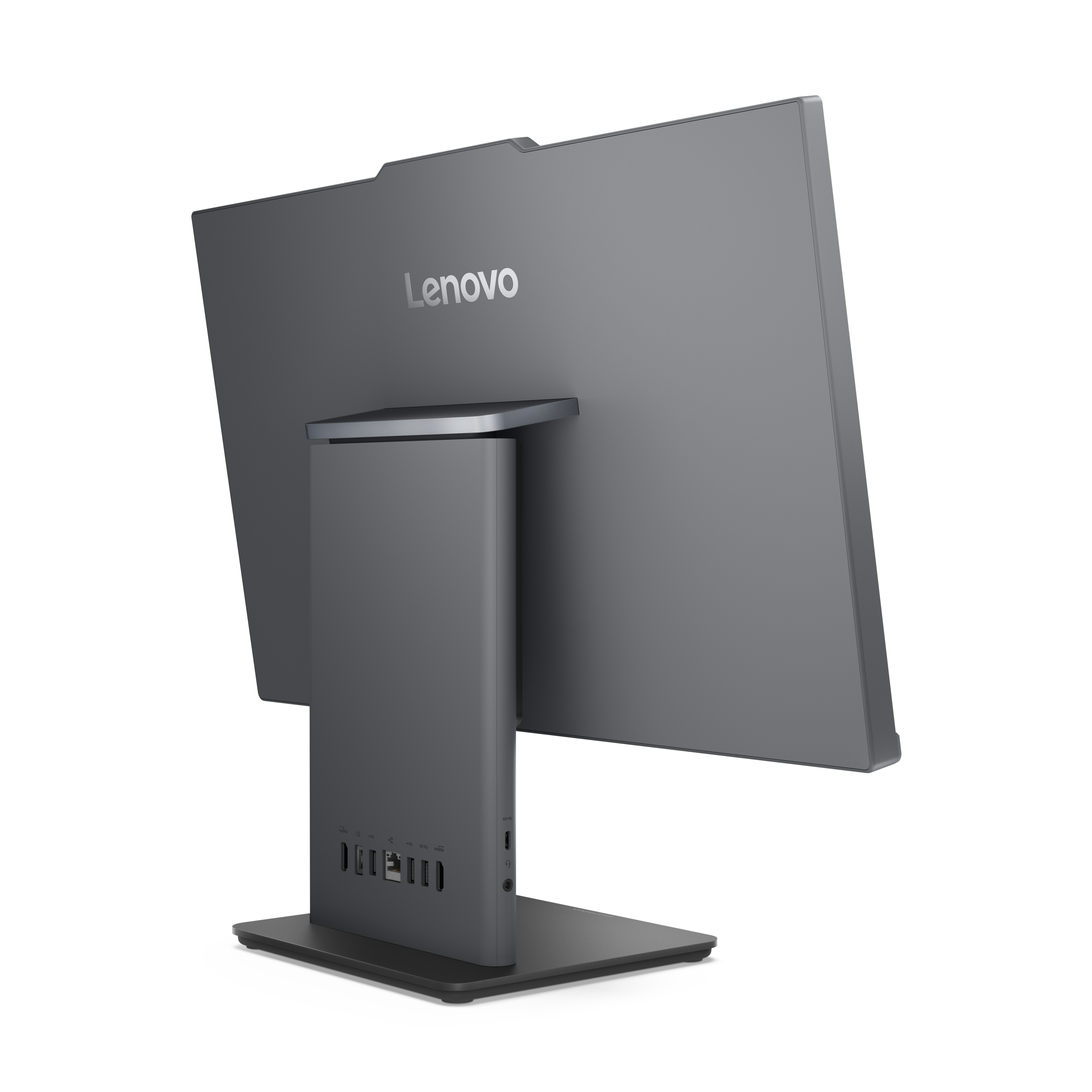Komputer All-in-one Lenovo pokazany od tyłu. Jest szary, z logo Lenovo, portami i czarną podstawą.