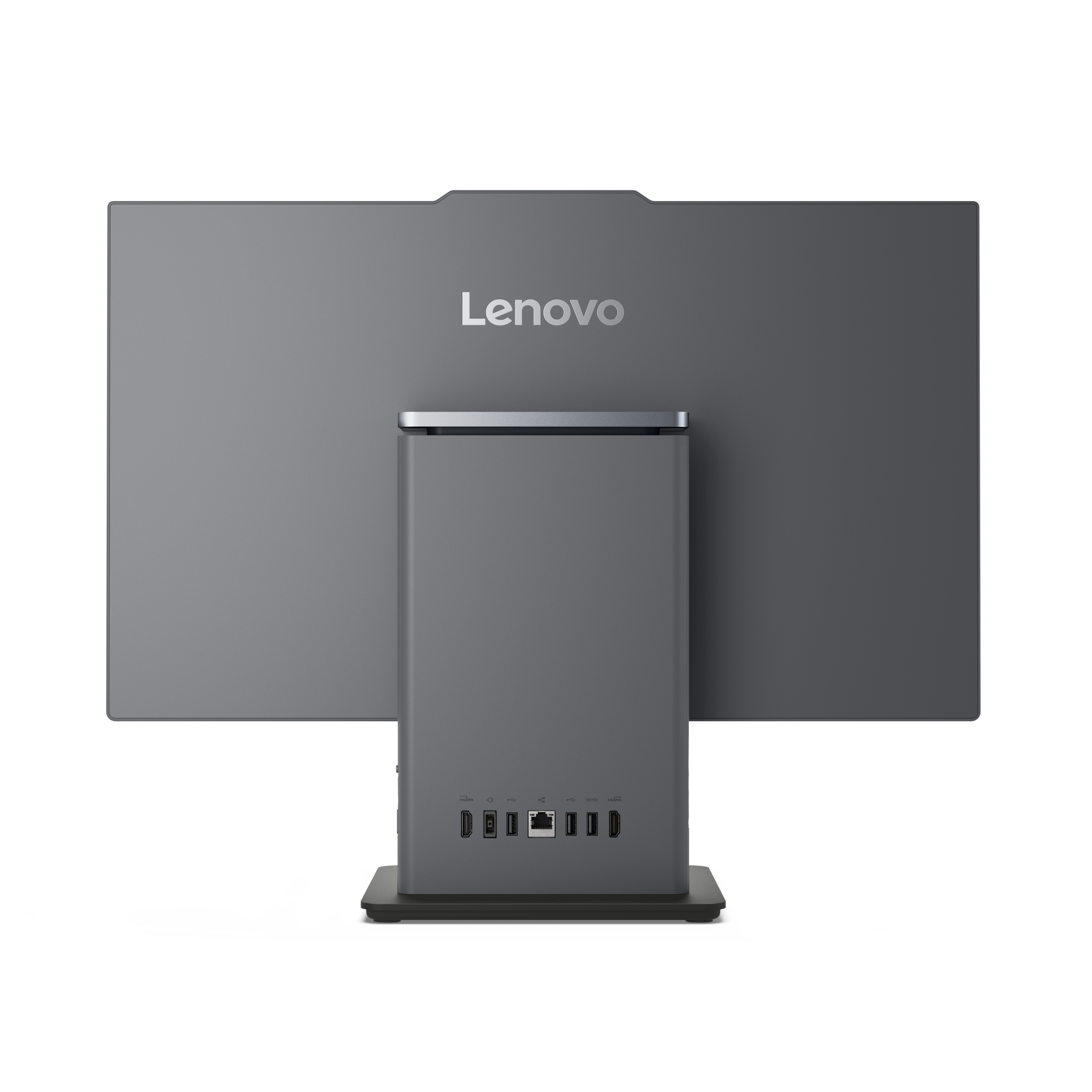 Widok z tyłu komputera Lenovo all-in-one. Szary monitor z logo Lenovo. Widoczne porty i podstawka.