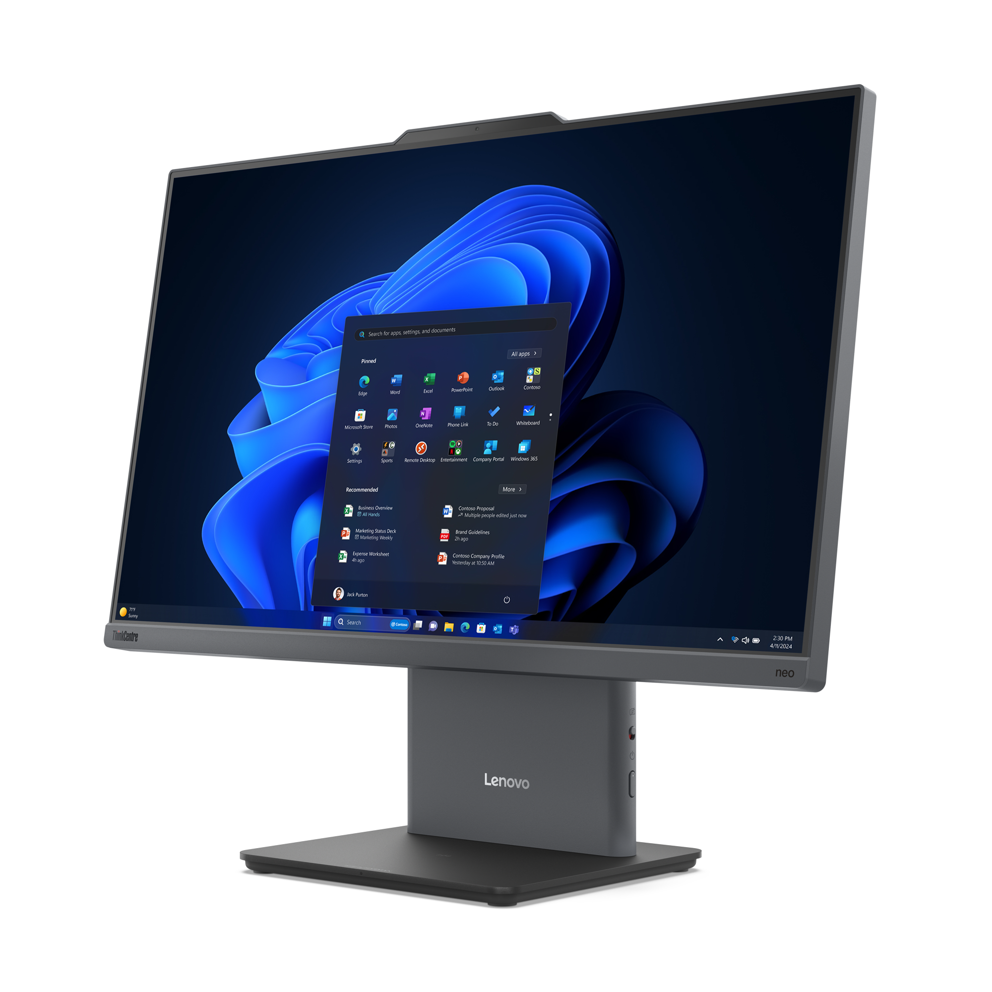 Monitor Lenovo wyświetla interfejs Windows 11. Ekran pokazuje ikony aplikacji i ciemnoniebieskie abstrakcyjne tło.