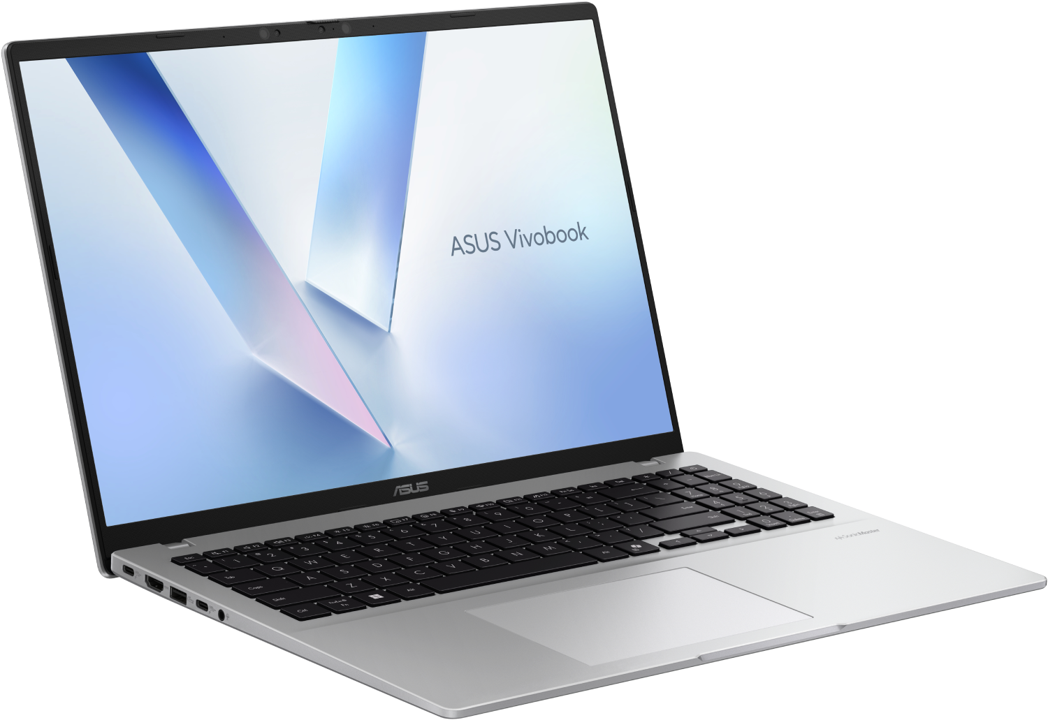 Portátil ASUS Vivobook plateado sobre fondo blanco. La pantalla muestra un diseño abstracto. Teclado y panel táctil visibles.