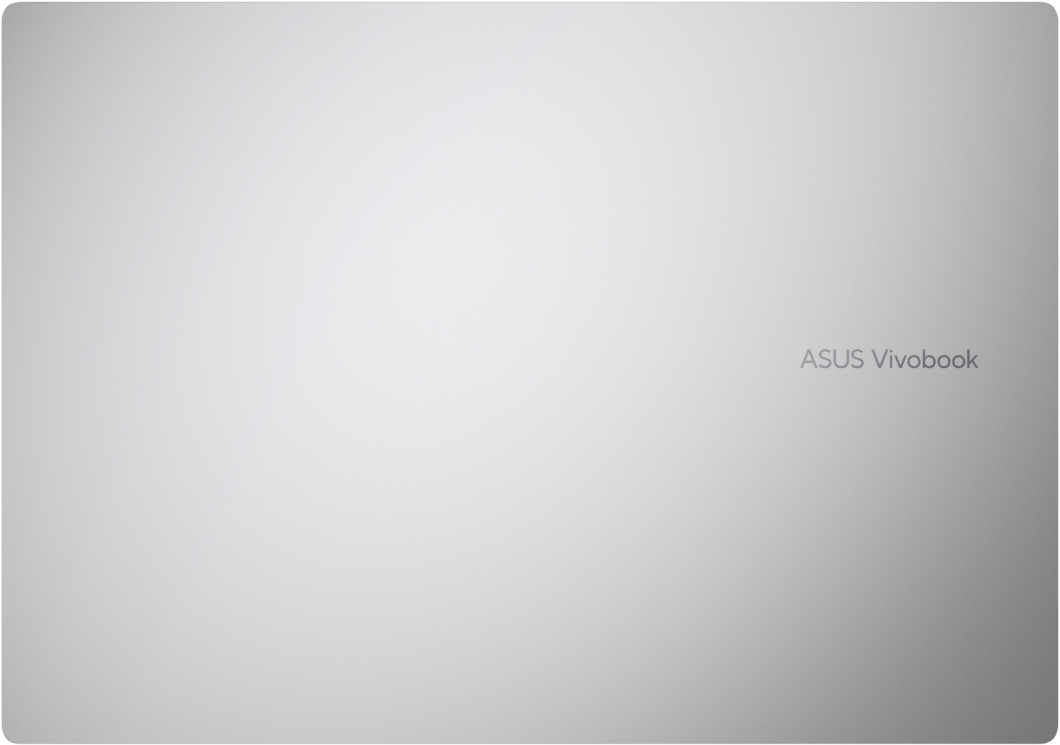 Una tapa de portátil gris claro con el logotipo de ASUS Vivobook en la esquina inferior derecha. El fondo es un degradado.