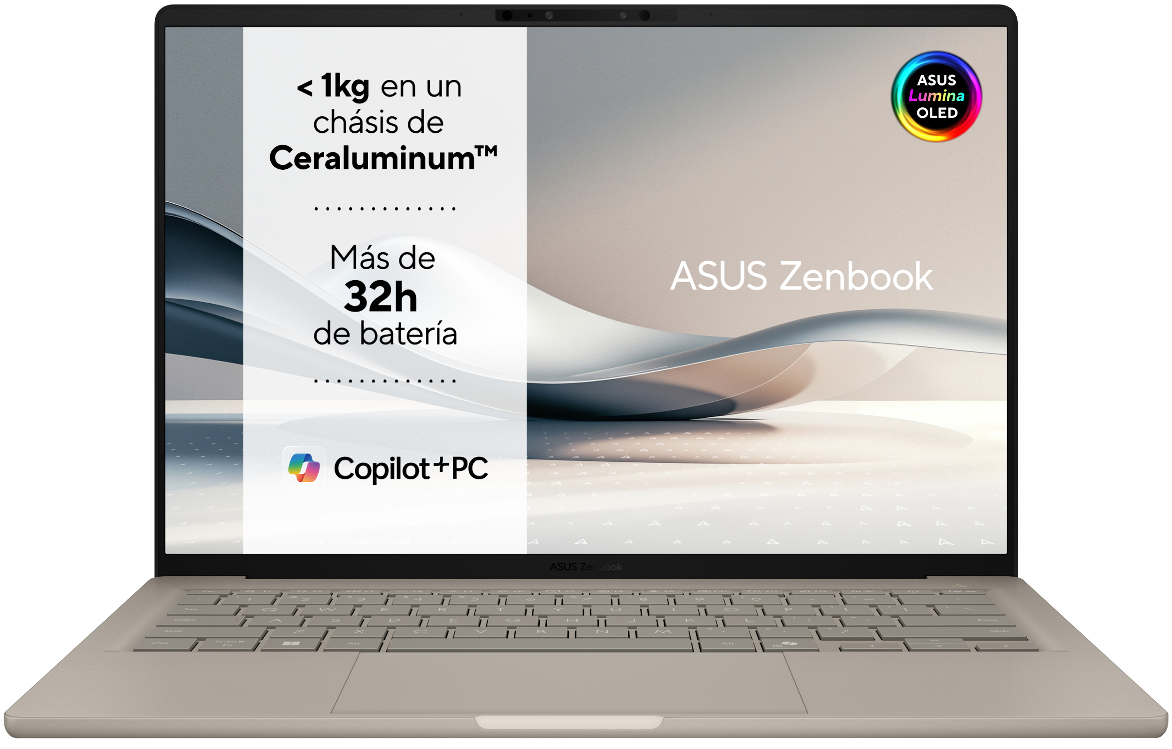 Un portátil ASUS Zenbook abierto. La pantalla muestra texto sobre peso, duración de la batería y características. El teclado es visible.