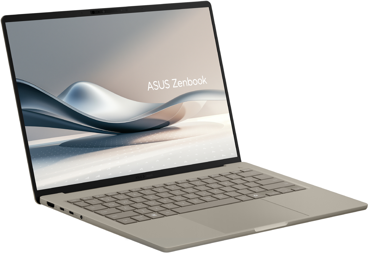 Una laptop ASUS Zenbook plateada está abierta. La pantalla muestra un diseño ondulado y el teclado es visible.