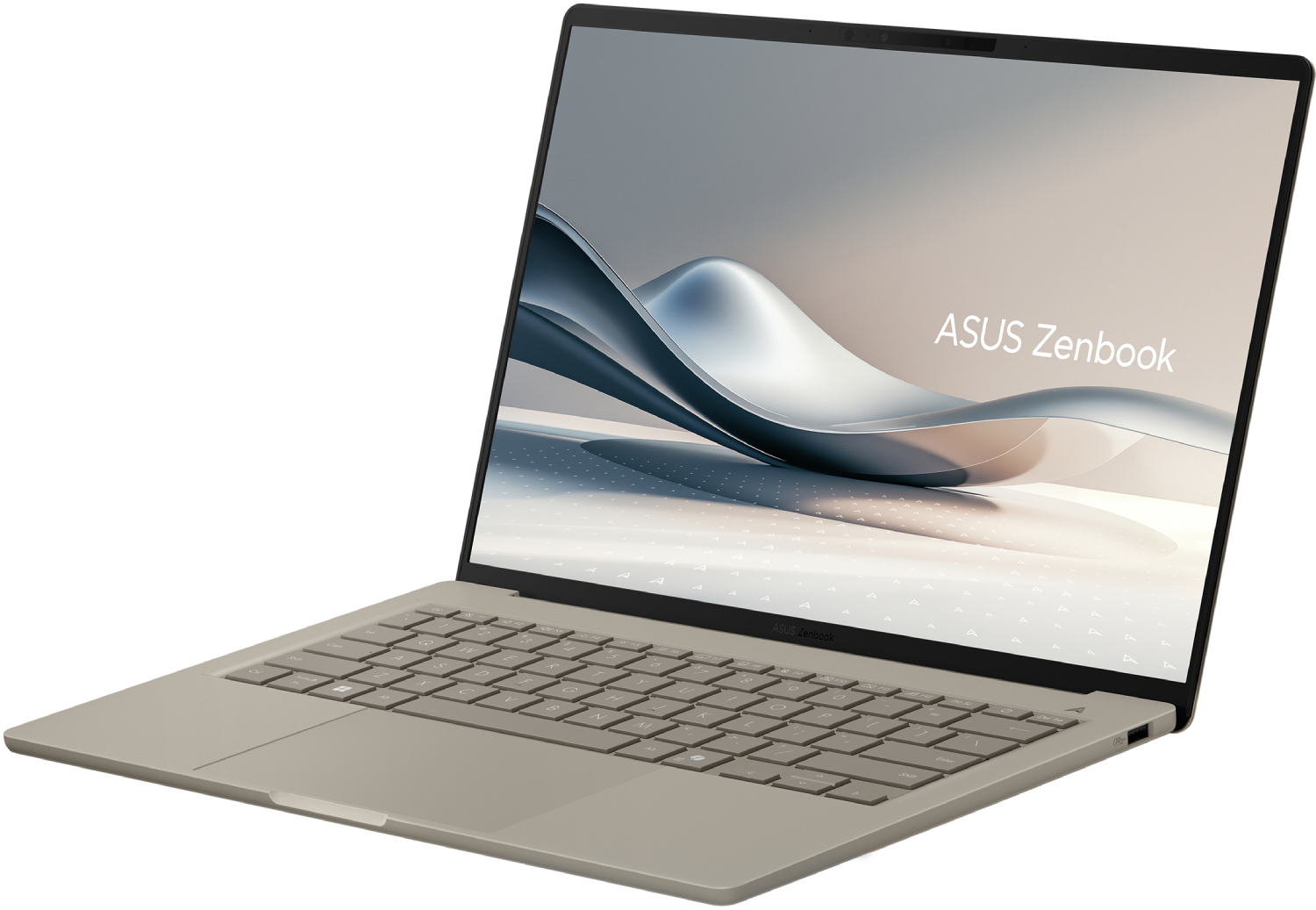 Un portátil ASUS Zenbook abierto. La pantalla muestra un diseño ondulado. El teclado y el cuerpo son de color beige claro.