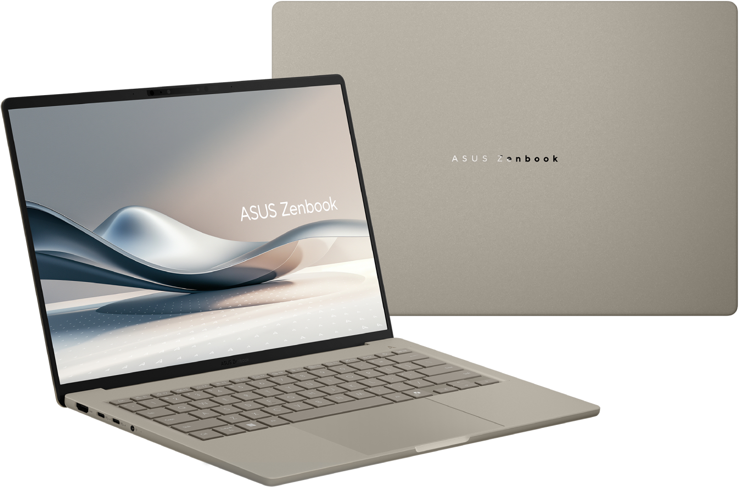 Una laptop ASUS Zenbook plateada está abierta sobre una superficie blanca. El fondo muestra la laptop cerrada.
