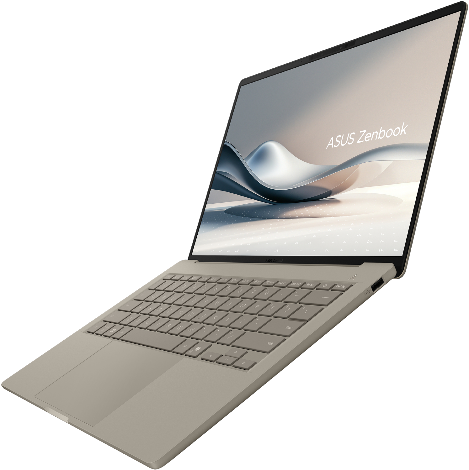 Una laptop ASUS Zenbook de color claro está abierta. La pantalla muestra un diseño ondulado. El teclado es visible y la laptop está en ángulo.