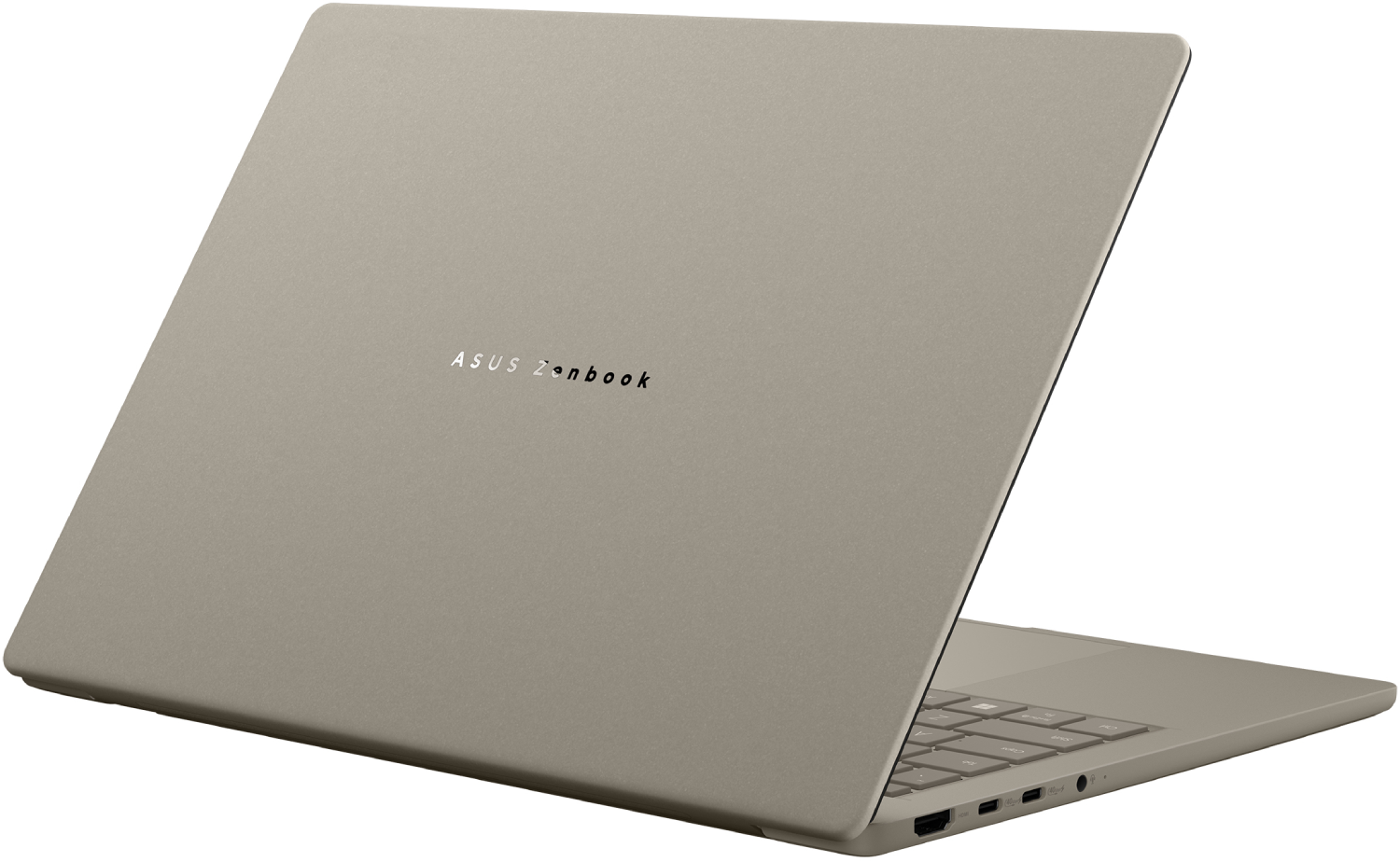 Un portátil con el logotipo plateado de ASUS Zenbook en la tapa. El portátil está abierto, revelando el teclado y los puertos. El fondo es blanco.