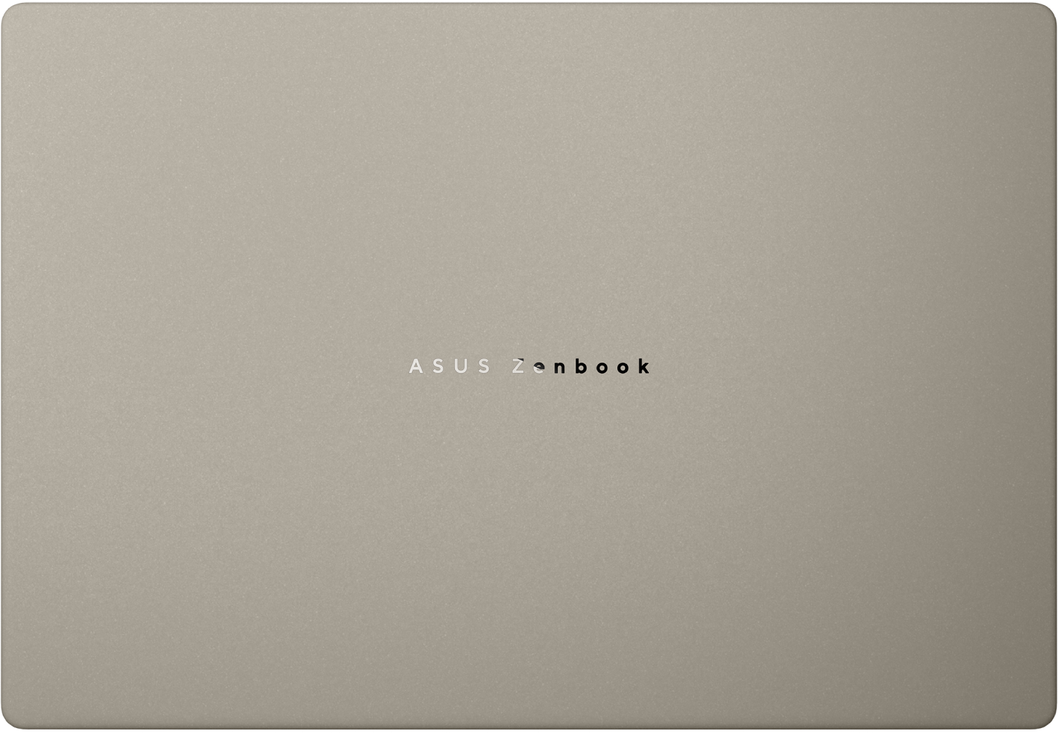 Tapa de portátil color beige. El nombre de la marca ASUS Zenbook está impreso en el centro. La tapa tiene textura de metal cepillado.