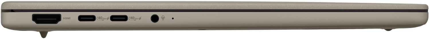 Vista lateral de un portátil con puertos: HDMI, dos USB-C, conector para auriculares y un orificio. Color beige con borde negro.