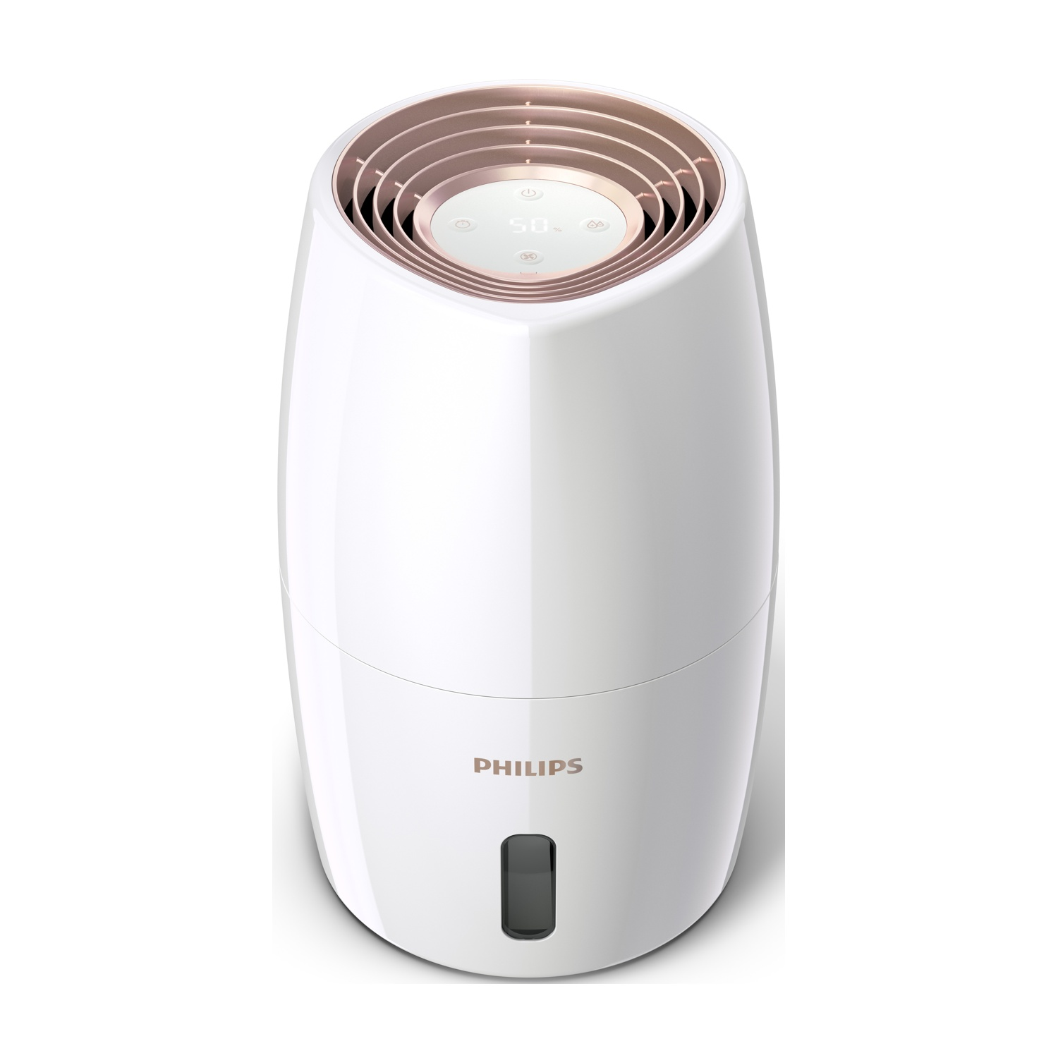Un umidificatore Philips bianco con la parte superiore color oro rosa. Ha un display digitale con impostazioni e il logo Philips.