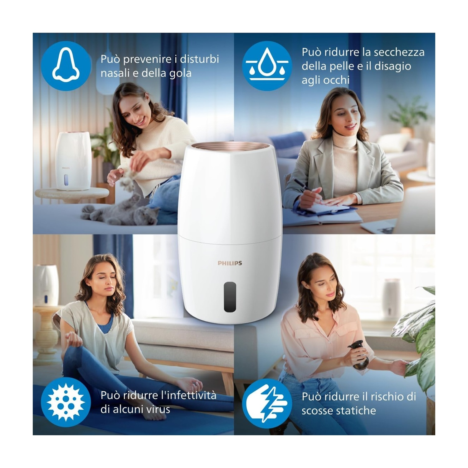 Un umidificatore Philips bianco. Quattro immagini più piccole mostrano donne in contesti diversi. Il testo evidenzia vantaggi come la riduzione della secchezza.
