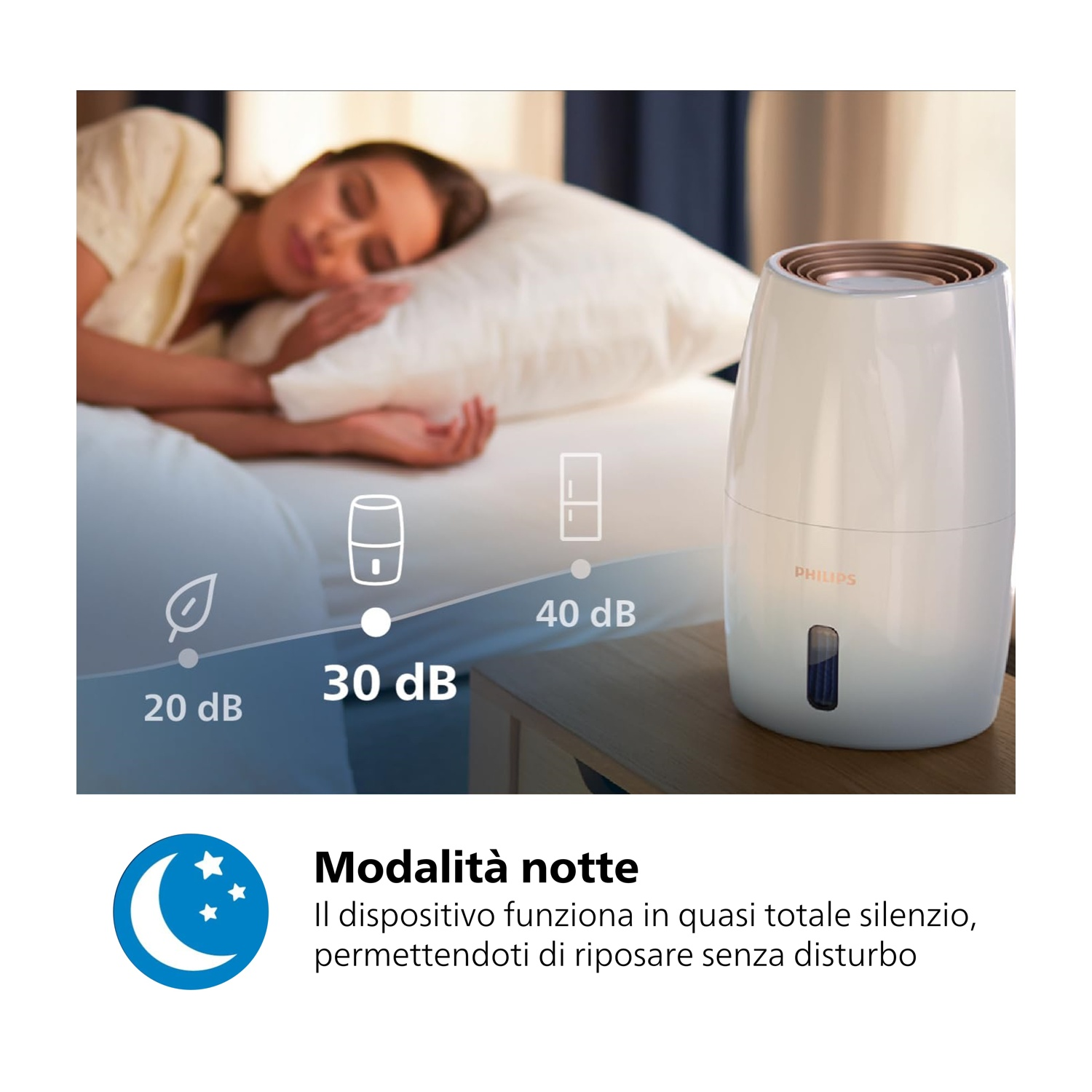 Una donna dorme vicino a un umidificatore Philips. L'immagine mostra livelli di rumore di 20, 30 e 40 dB. La modalità notturna è evidenziata.