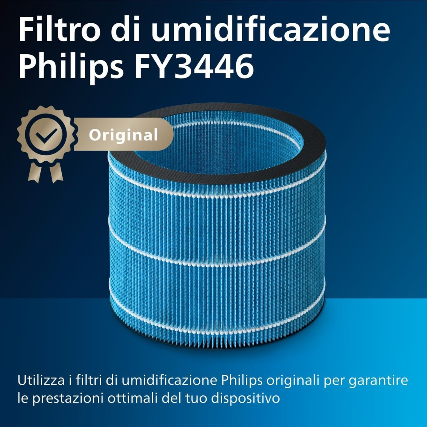 Un filtro umidificatore Philips blu e bianco. Il filtro è cilindrico. Il testo in alto dice 'Filtro di umidificazione Philips FY3446'.