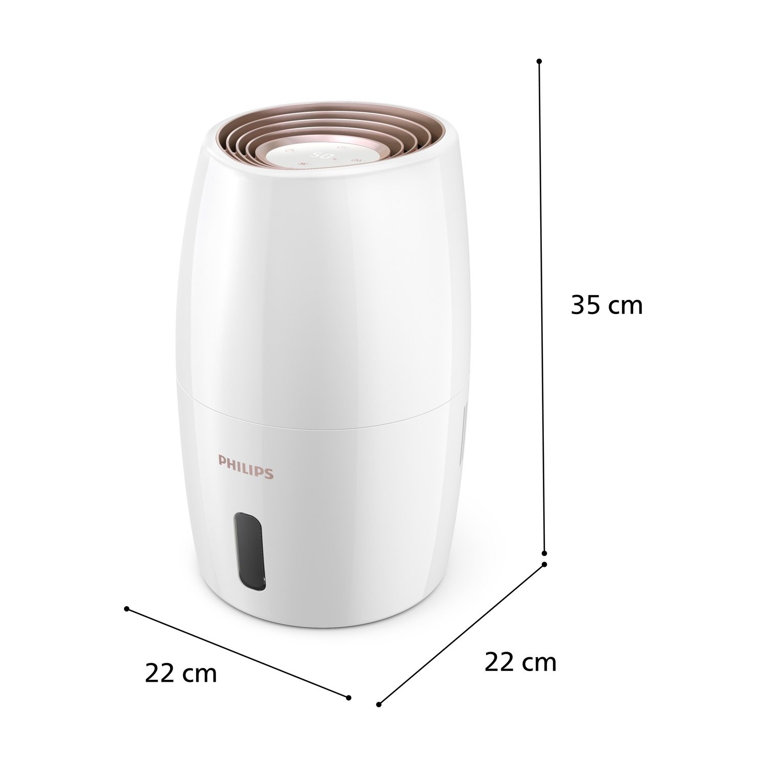 Un umidificatore Philips bianco, ovale con la parte superiore bronzata. Misura 35 cm di altezza e 22 cm di larghezza.